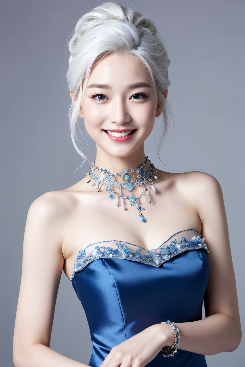(extra detailed body、extra detailed face、best qualtiy:1.2)、femele、looking at the viewers、(White hair、a blue dress、Fancy accessories、makeups、A smile)、