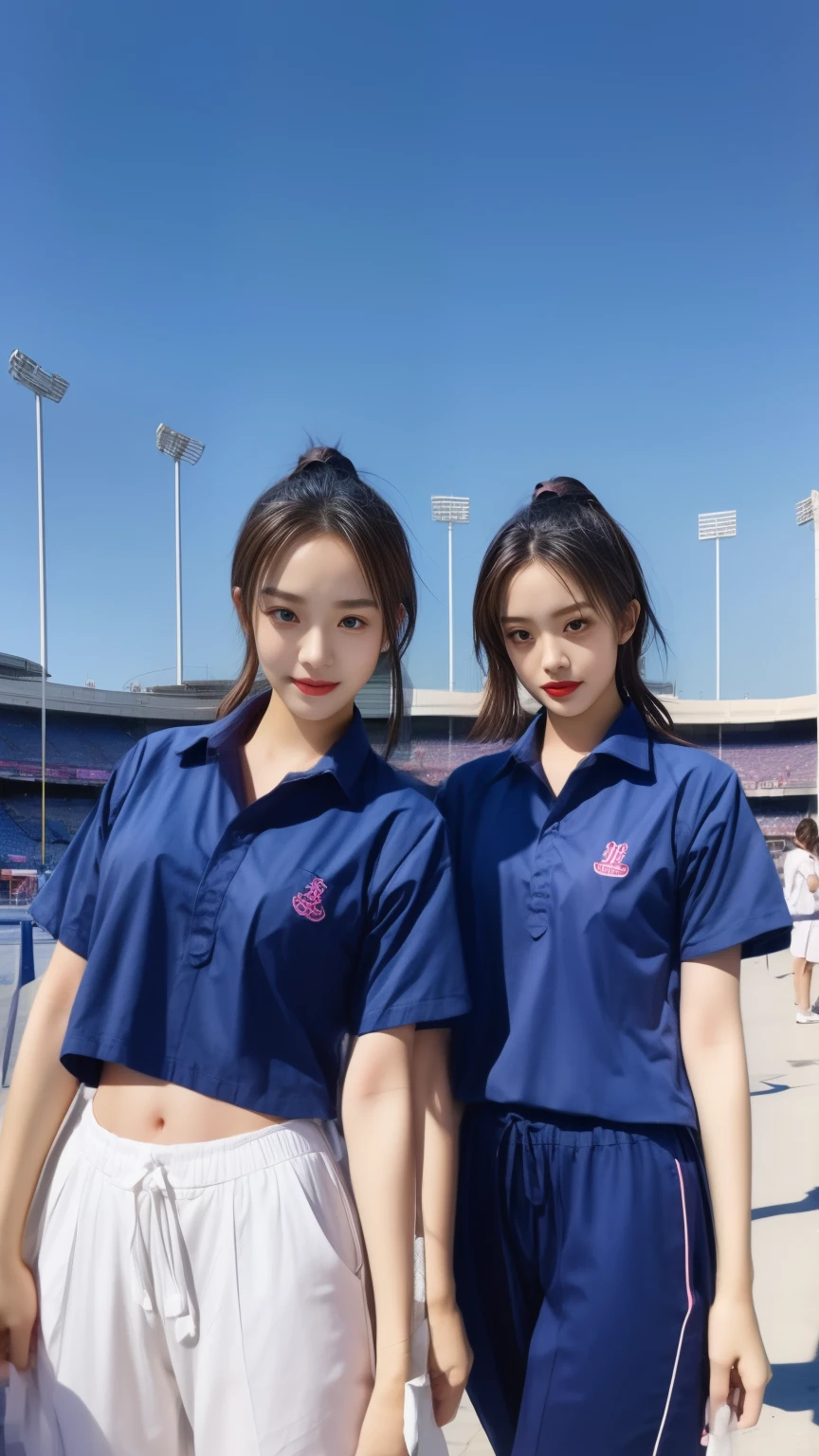 (bestquality,10,10,highres,masterpiece:1.2),ultra-detail,(Realistic,photorealistic portrait,photo-realistic:1.37),1 Cute girl in the football field,oily shiny skin,bara,light smile,BDclothes,((blue shirt:1.3)),short sleeves,shirt, trousers.,(navy_long_Pants Track:1.1), ((Stadium Background:1.3)),dynamic angle,excited,face focus,Dynamic Poses,from behide,Ass Focus,masterpiece, bestquality, ultra realistic, hyper-detail, 8k resolution, RAW photo, crisp focus, ((Navy blue shirt:1.1)), short sleeves, Long Path, Perfect body, 2 mature women, 18yo, cinematic light,Blue sweatpants,Gymware,Correct anatomy,Complete body, Correct body, sharp face, Anatomically correct body, full entire body, Realistic gestures, long-haired, Realistic poses,Wear long shorts................,Long leg span,Shapely,Sculpting Girl, Slender Figure, mannequin mannequins, Shapely, Beautiful body,Blue sweatpants, Two girls kissing