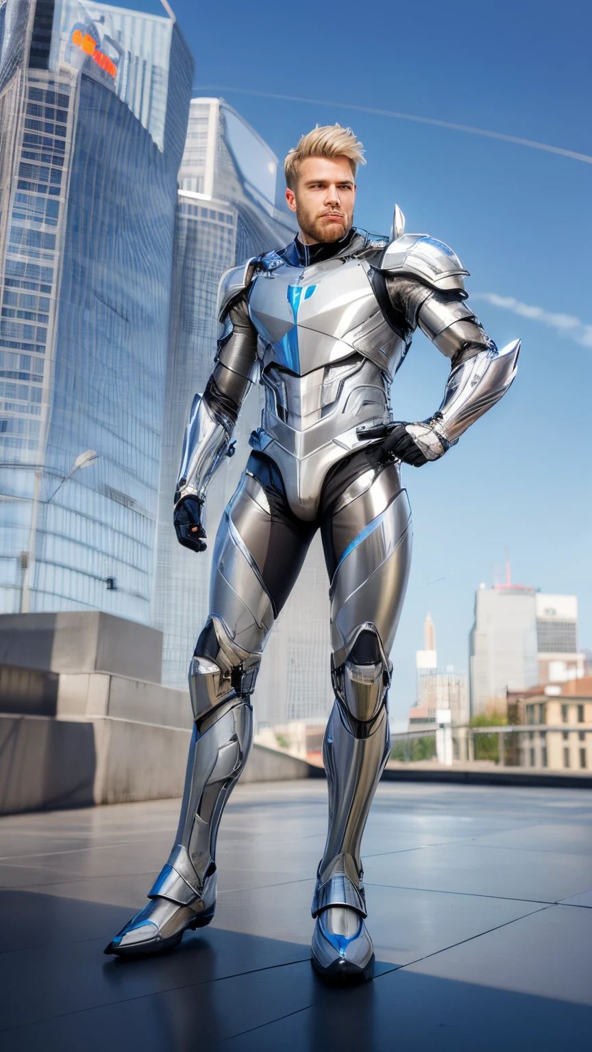 a close up of a person in a suit with a soccer ball, chrome outfit, silver cyber armor, sleek silver armor, energetic varia suit, platinum skin, elegant smooth silver armor, sliver ice color reflected armor, warrior platinum armor, varia suit, with sleek silver armor, cyber suit, detailed sleek silver armor, cyber fight armor, 4k, hd, realistic, background in the middle of city