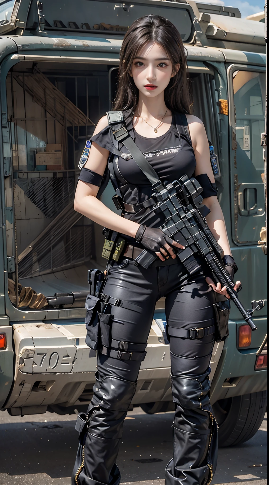 Photorealistic, High resolution, 1womanl, Solo, Sexy, hips up high, view the viewer, (Detailed face), SWAT Vest, gun, Jewelry,