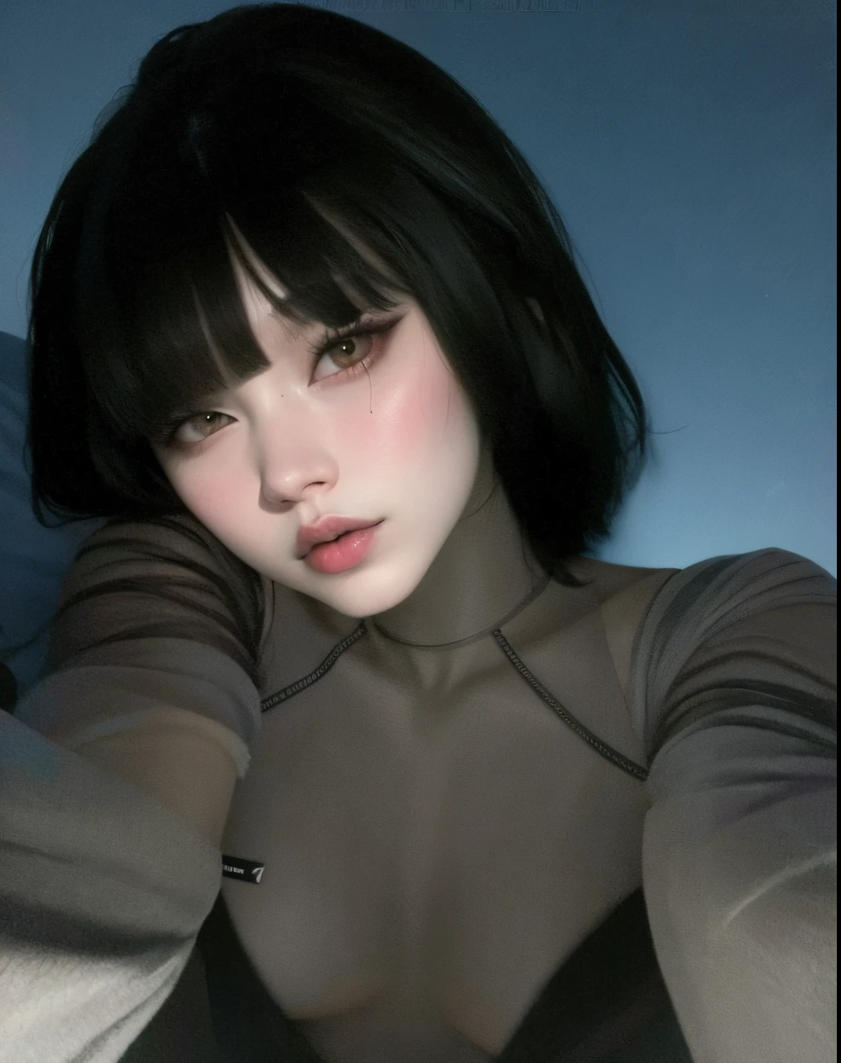 There is a woman with black hair and a gray top, com cabelos curtos, Ela tem cabelo preto com franja, Ulzzang, 🤤 retrato da menina, cruel korean goth girl, Menina anime na vida real, com cabelo curto com franja, pale goth beauty, preto hime corte cabelo, goth girl aesthetic, pale porcelain white skin