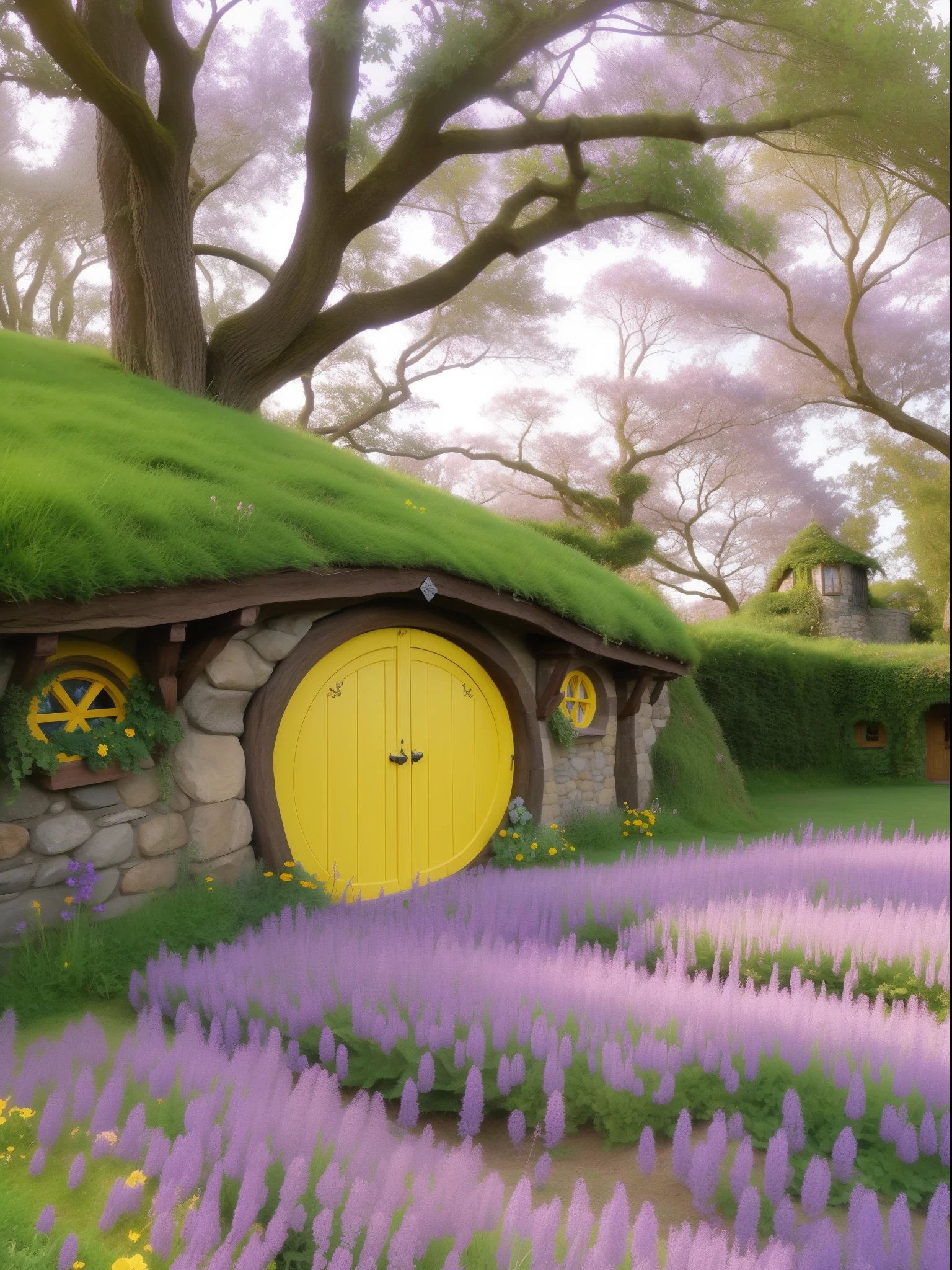 There is a yellow door in the middle of a purple field, Hobbit Cave, Beautiful peaceful Hobbiton, in his hobbit home, county, Hobbiton, cottagecore!!, county, Magical environment, lord of the rings aesthetic, Elrond&#39;s house, county castle, Inspired by Lord of the Rings, middle earth landscape, fairytale place