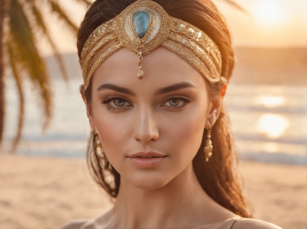 hyper realistic, ultra detailed photograph of an woman with in futuristic headdress inspired by an ancient Egypt queen, Cleopatra, slightly brown skin, snake, gold, silver, stones, scarab beetle, microchips, integrated electric circuits, natural tits, dark hair, young Salma Hayek , golden jewelry, golden underwear string, shiny, sunlight fractal details, (Anna Steinbauer:1.5), depth of field, HOF, hall of fame, detailed gorgeous face, beach with a warm sunset, palm trees, warm sun, natural body posture, professional photographer, captured with professional DSLR camera, ((from behind), ((back view)), trending on Artstation, 64k, ultra detailed, ultra accurate detailed, bokeh lighting, surrealism, Thomas Kinkade background, urban, ultra unreal engine, ((Pauline Voß)), ((Pascal Quidault)), ((Anna Helme)), Martina Fackova, intricate, epic, freckles, peach fuzz, detailed mascara, full body