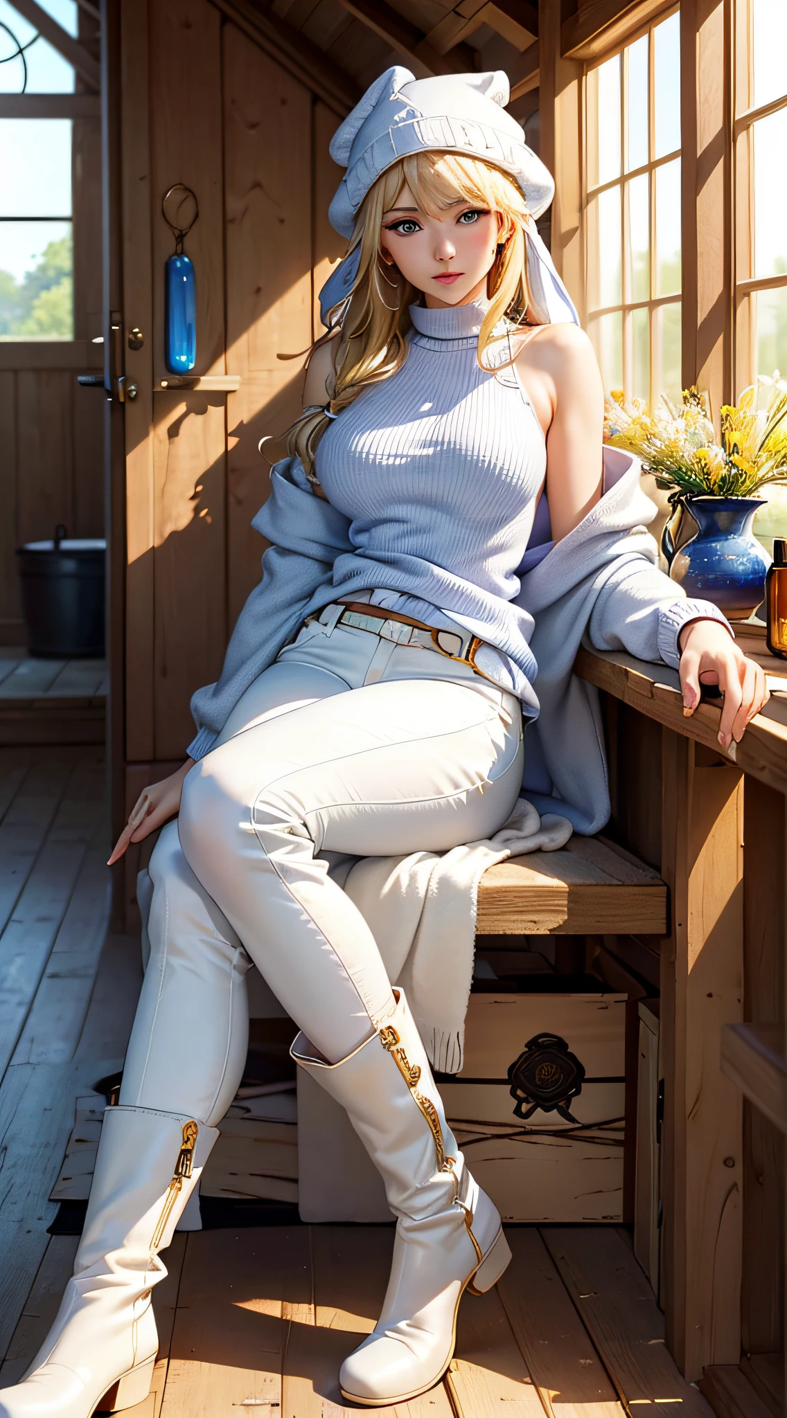 top-quality、Top image quality、masterpiece、girl with((18year old、Best Bust、big bast,Beautiful blue eyes、Breasts wide open, a blond、A slender,Large valleys、White sweater with open chest、White pants、blanket hat、Shoulder bag))hiquality、Beautiful Art、Background with((entranceway、Beautiful windows、Boot shed、Aroma oil、)))、,masutepiece、visualart、depth of fields、