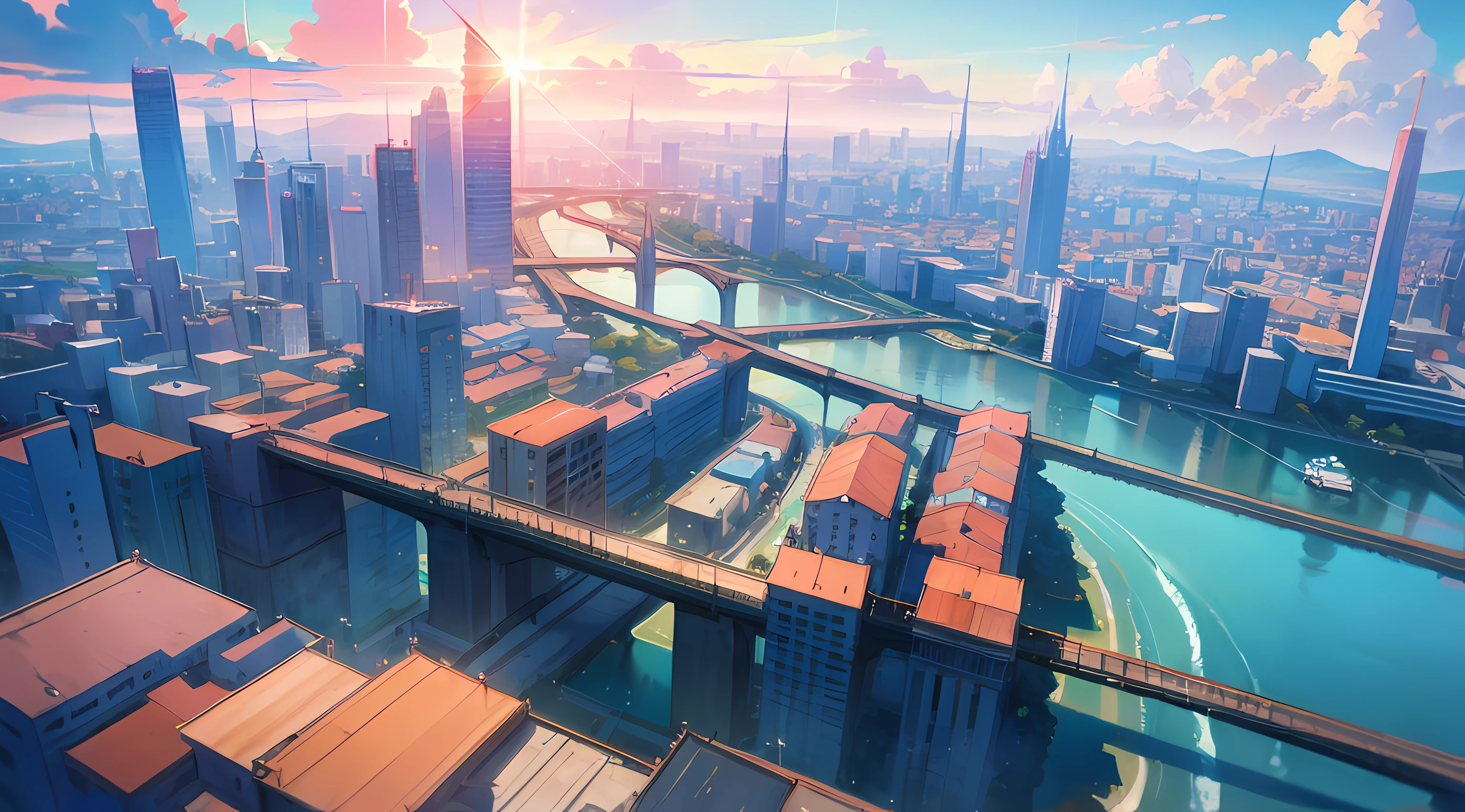big city, tall buildings in the background, small river, beautiful blue sky, beautiful sunlight, distant view, looking from above, colorful anime artwork, amazing scenery, amazing visuals, beautiful anime artwork, ultrasharp, masterpiece, high res, 8k
