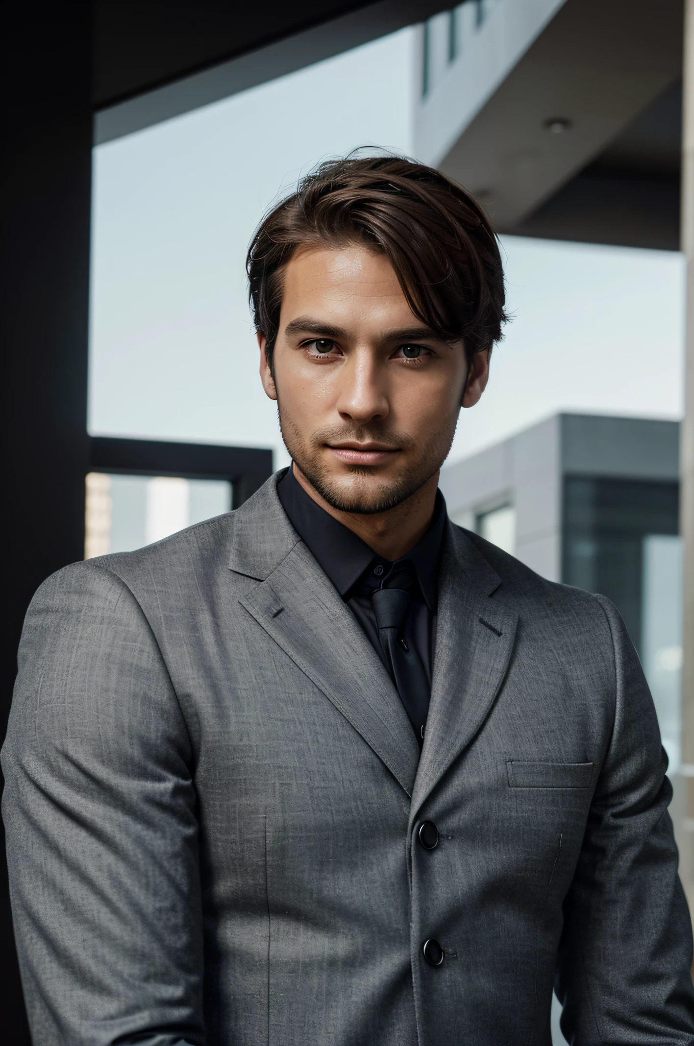 attractive 30 year old man in Hugo boss business suit , Belle barbe , Executive Sexy Man, Terno donc, Front camera focus, mode portrait, perfectly straight in front of the camera,short cut hair