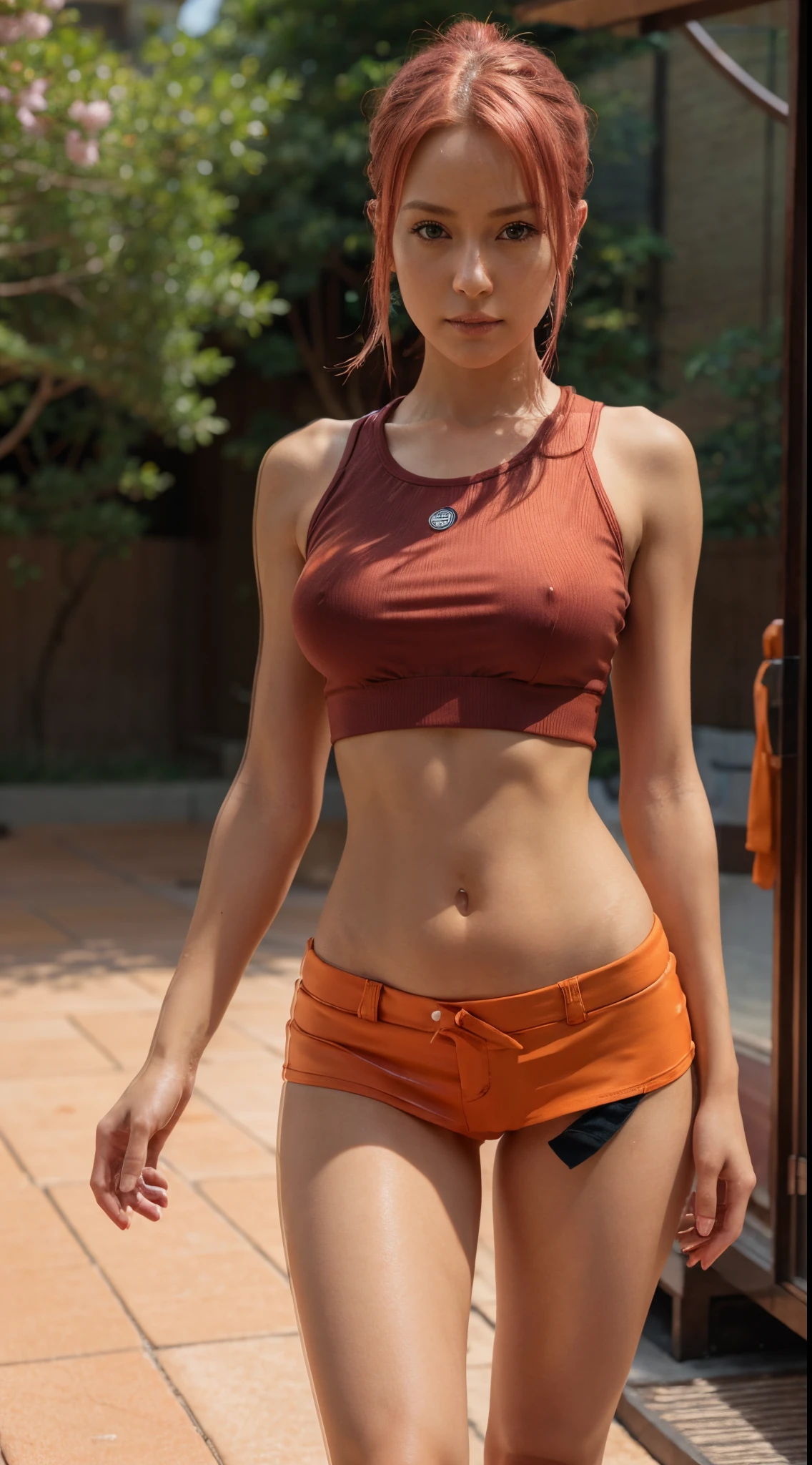 Sakura haruno standing and giving poses in canera. Detsiled with high resolution. 4K realistically rendering. Kawai adorable face. Extra Skinny body with extream skinny legs. Wearing a orange skin tight crop top. Smelling and shiwing her long skinny legs wearing a glossy orange mini skirt.