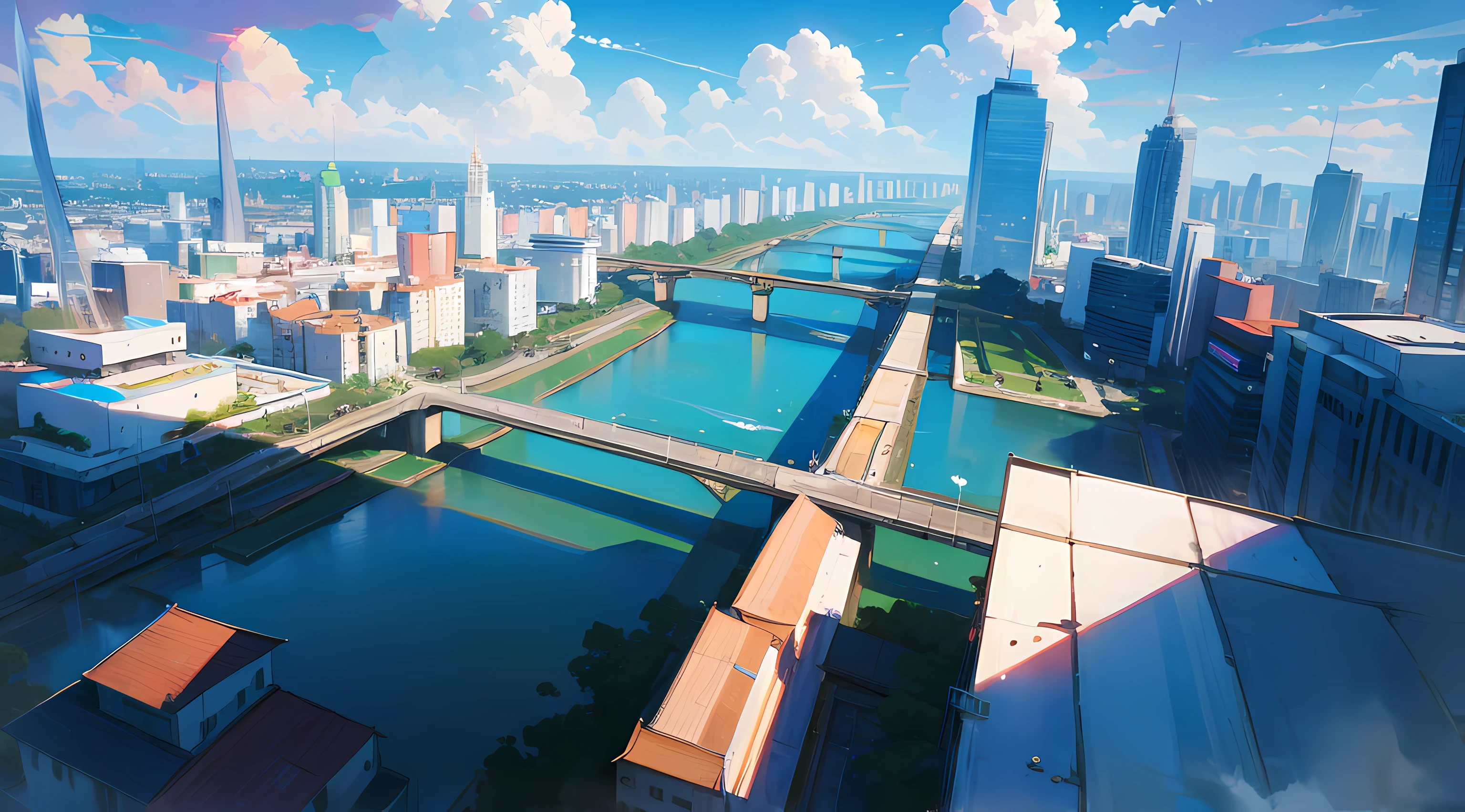 big city, tall buildings in the background, small river, beautiful blue sky, beautiful sunlight, distant view, looking from above, colorful anime artwork, amazing scenery, amazing visuals, beautiful anime artwork, ultrasharp, masterpiece, high res, 8k