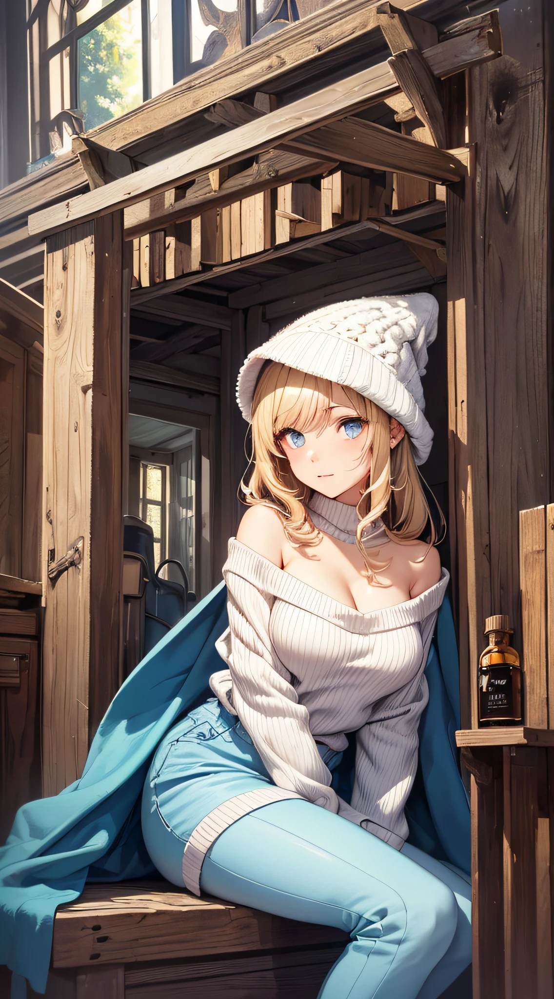 top-quality、Top image quality、​masterpiece、girl with((18year old、Best Bust、big bast,Beautiful blue eyes、Breasts wide open, a blond、A slender,Large valleys、White sweater with open chest、White pants、blanket hat、Shoulder Bag、Paisla)）hiquality、Beautiful Art、Background with((entranceway、Beautiful windows、boot shed、Aroma oil、)))、,masutepiece、visualart、depth of fields、American comic picture