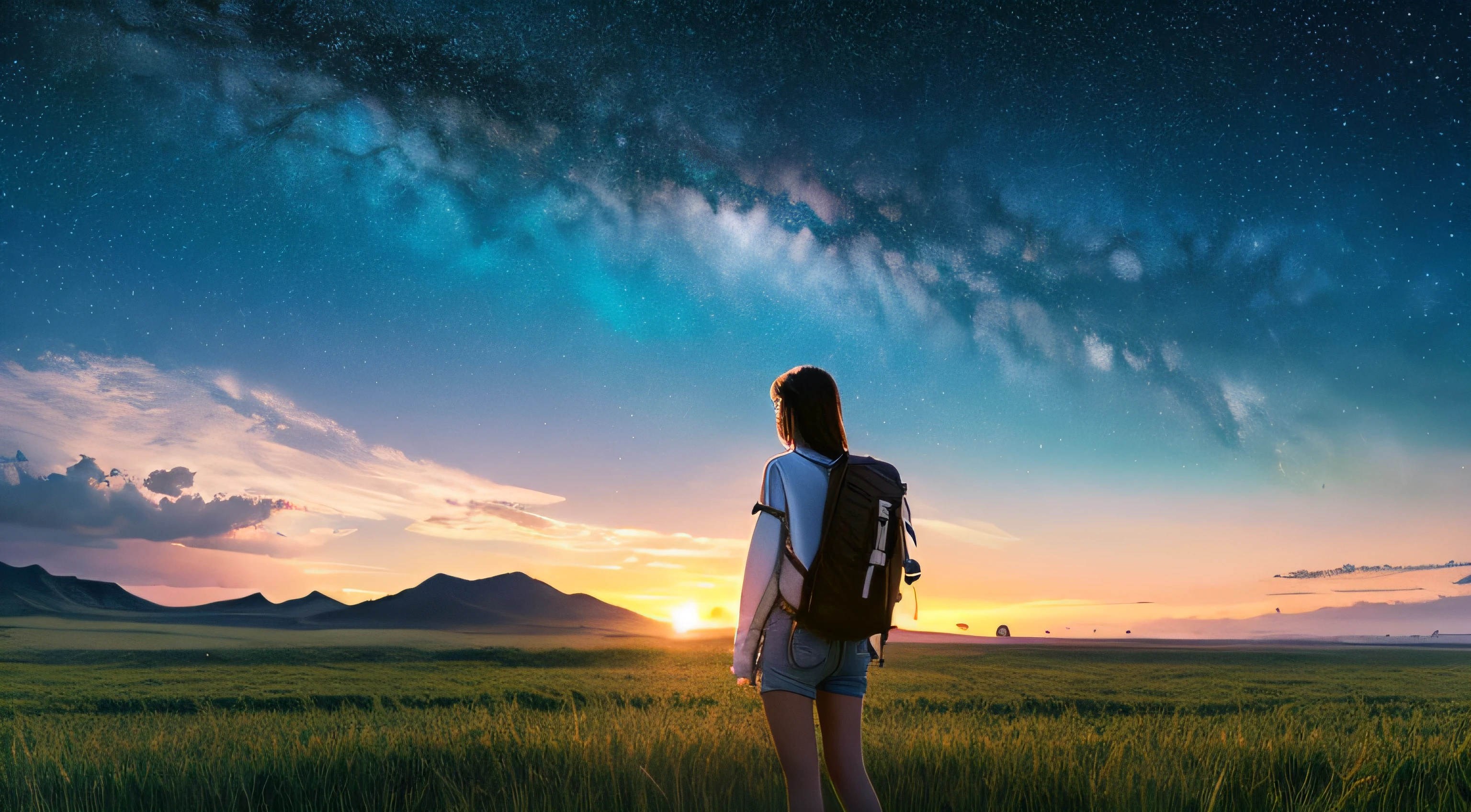 The vast sky, beautiful skyline, large grasslands, extremely tense and dramatic pictures, moving visual effects, the high-hanging Polaris, and colorful natural light. Long-sleeved top, denim shorts, and a girl with a backpack.