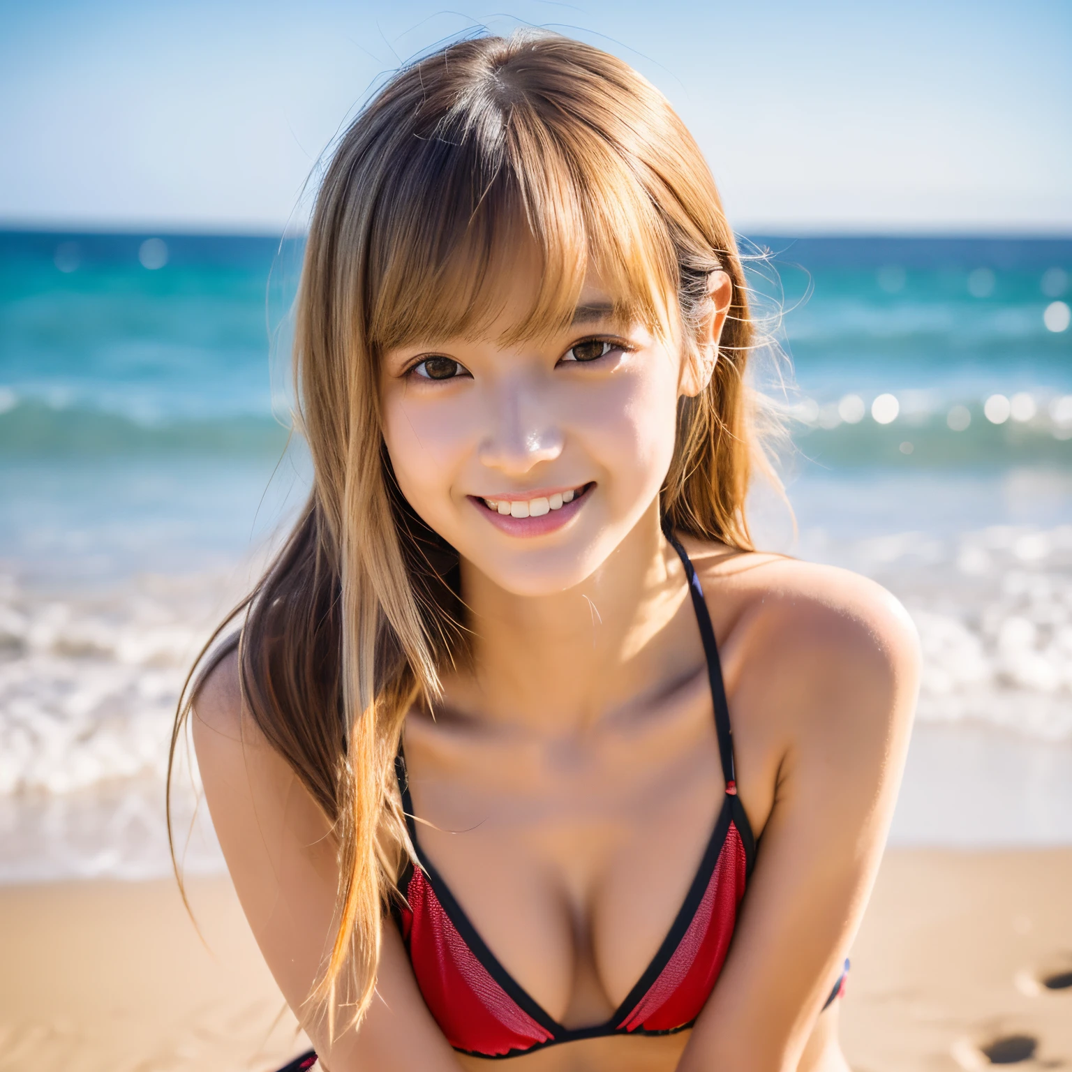 (masutepiece, Best Quality:1.4), (8K, Raw photo, photographrealistic:1.2), (Shiny skin), Detailed skin, Detailed face, Detailed eyes,
8K Portrait, smiling american woman, 18 years old, Amber eyes ,, Cute,, slim, , (), pastel colored micro bikini, platinum extra long wavy hair, Beach, (tilts head), Looking at Viewer, Full body, sun light