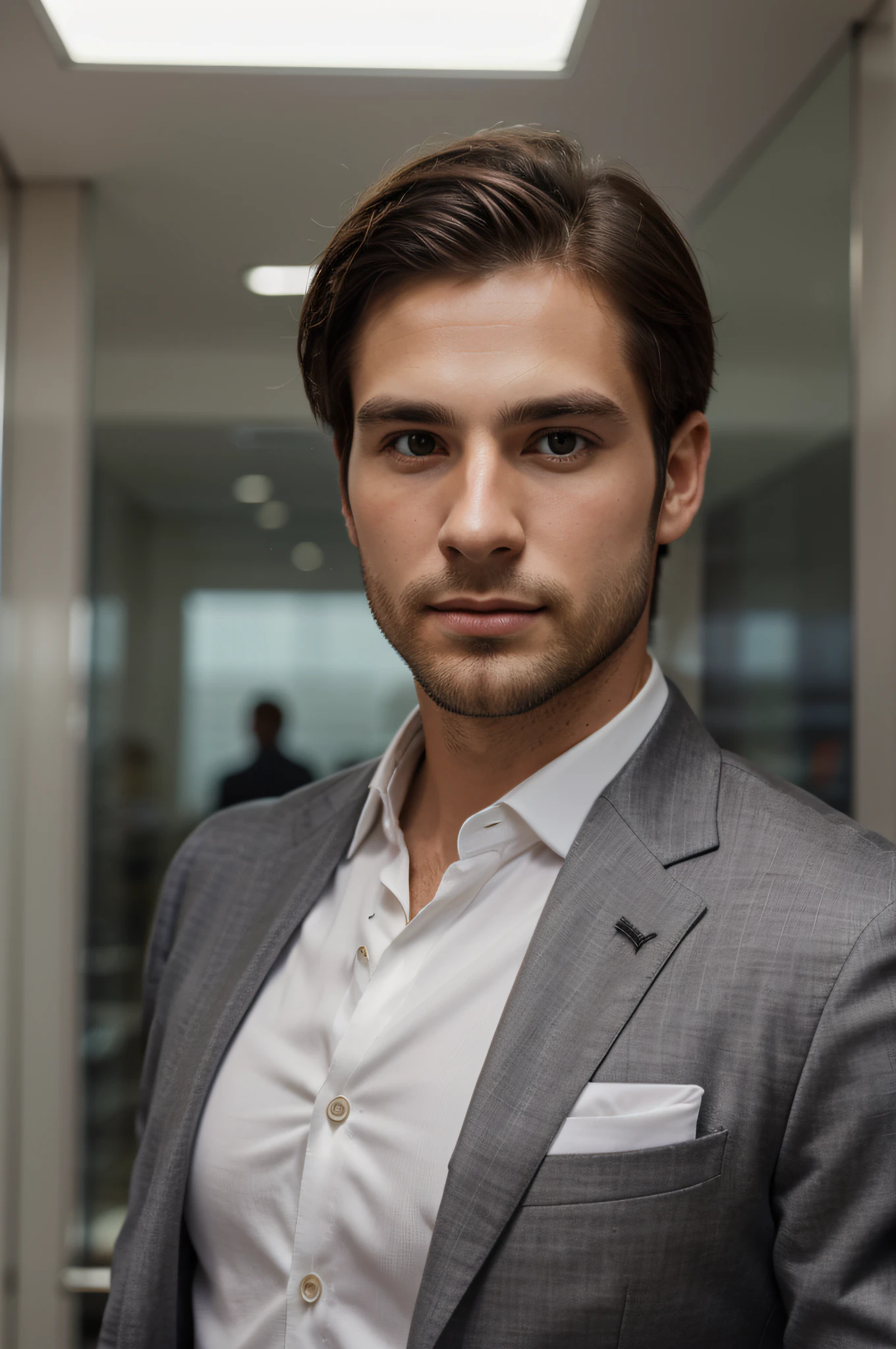 attractive 30 year old man in Hugo boss business suit , Belle barbe , Executive Sexy Man, Terno donc, Front camera focus, mode portrait, perfectly straight in front of the camera