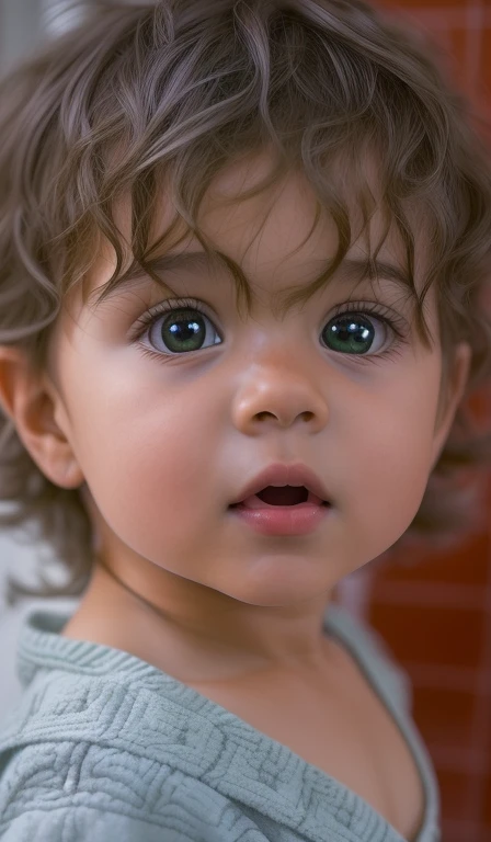 Make an 8 month old baby with slightly green eyes, as if he were the son of Sam Winchester