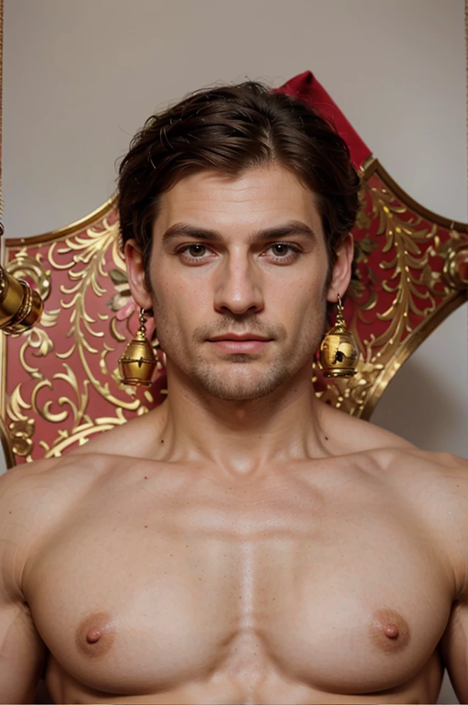 realistic, (masterpiece), (photorealistic:1.3), ultra-detailed, (high detailed:1.2), (best quality:1.0),  manly, musculine, tall man, a man in royal regalia wearing a golden mask, covered with bells. Fantasy, Full body character sheet