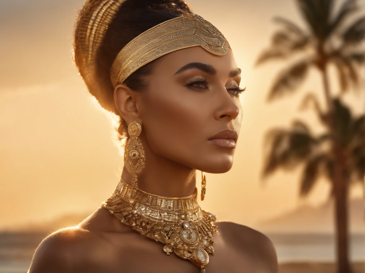 hyper realistic, ultra detailed photograph of an woman with in futuristic headdress inspired by an ancient Egypt queen, Cleopatra, slightly brown skin, snake, gold, silver, stones, scarab beetle, microchips, integrated electric circuits, natural tits, dark hair, young Salma Hayek , golden jewelry, golden underwear string, shiny, sunlight fractal details, (Anna Steinbauer:1.5), depth of field, HOF, hall of fame, detailed gorgeous face, beach with a warm sunset, palm trees, warm sun, natural body posture, professional photographer, captured with professional DSLR camera, ((from behind), ((back view)), trending on Artstation, 64k, ultra detailed, ultra accurate detailed, bokeh lighting, surrealism, Thomas Kinkade background, urban, ultra unreal engine, ((Pauline Voß)), ((Pascal Quidault)), ((Anna Helme)), Martina Fackova, intricate, epic, freckles, peach fuzz, detailed mascara, full body