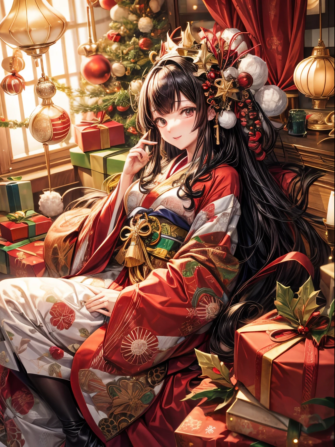 masutepiece, Highest Quality, High resolution, Christmas colored Japanese clothes, Costumes with complex patterns, black hair girl,