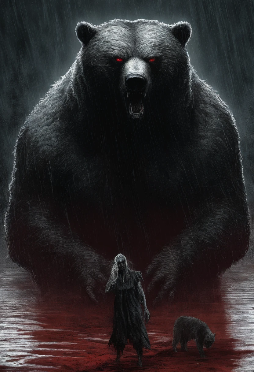rainy day, Evil Light, grizzly bear, riverbank, Glowing red eyes, a malicious glow, Best Quality, masutepiece,Eating meat
