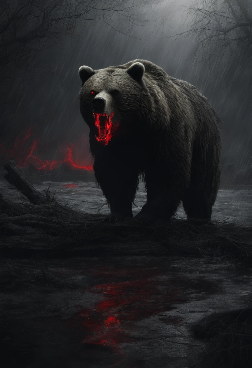 rainy day, Evil Light, grizzly bear, riverbank, Glowing red eyes, a malicious glow, Best Quality, masutepiece,Eating meat