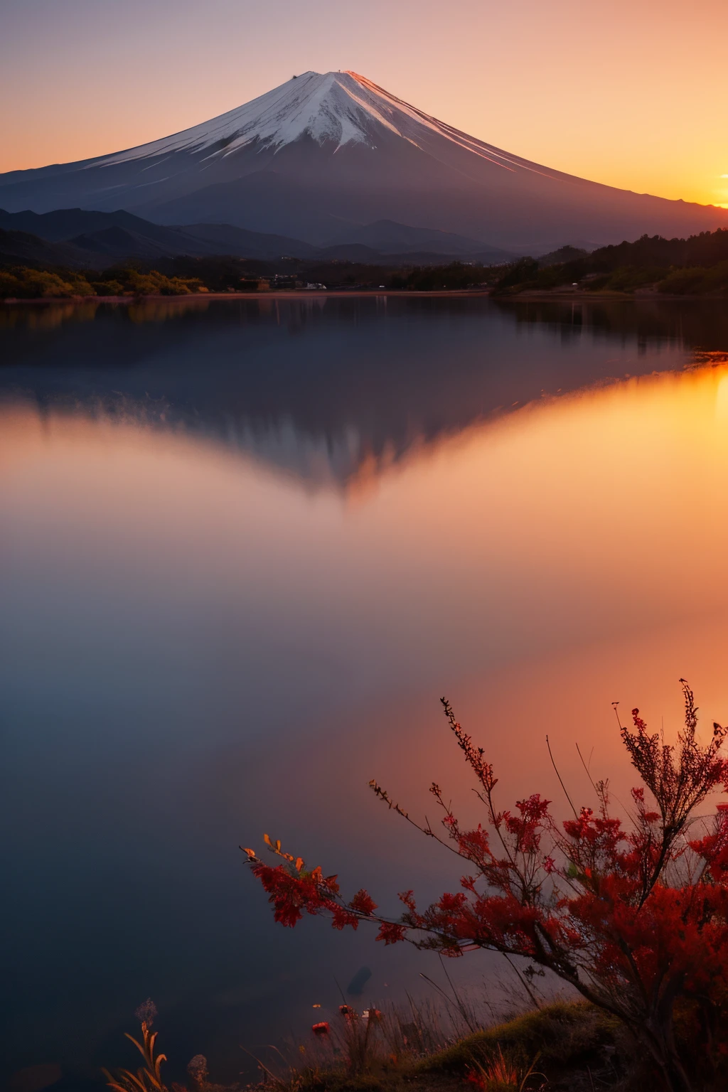 Cinematic, Scenic one, Stunningly beautiful image of Mount Fuji and its reflection in the lake at sunset, The sky is red, bokeh, dream-like, Surreal, realisticlying