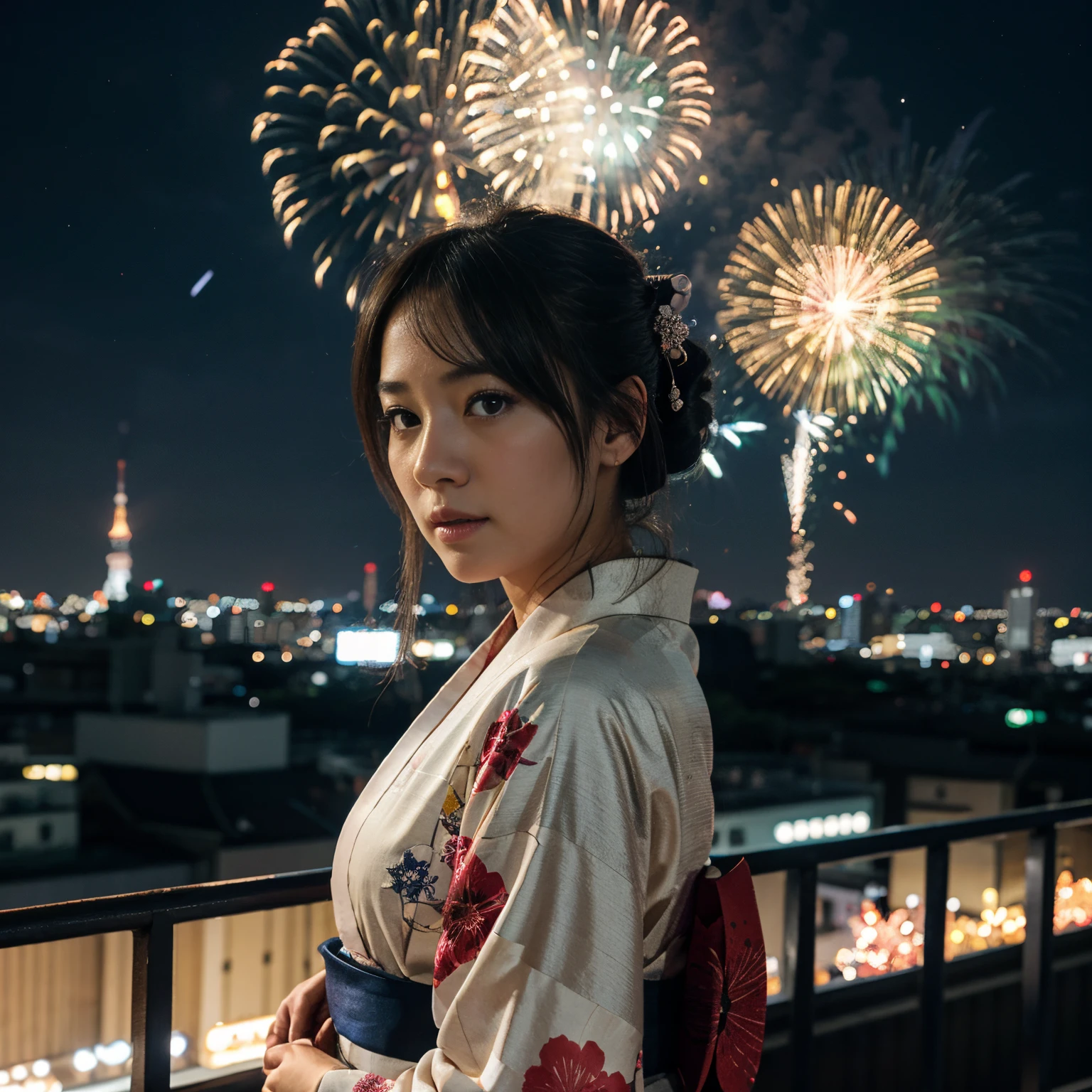Girl wearing kimono at night with fireworks background in tokyo