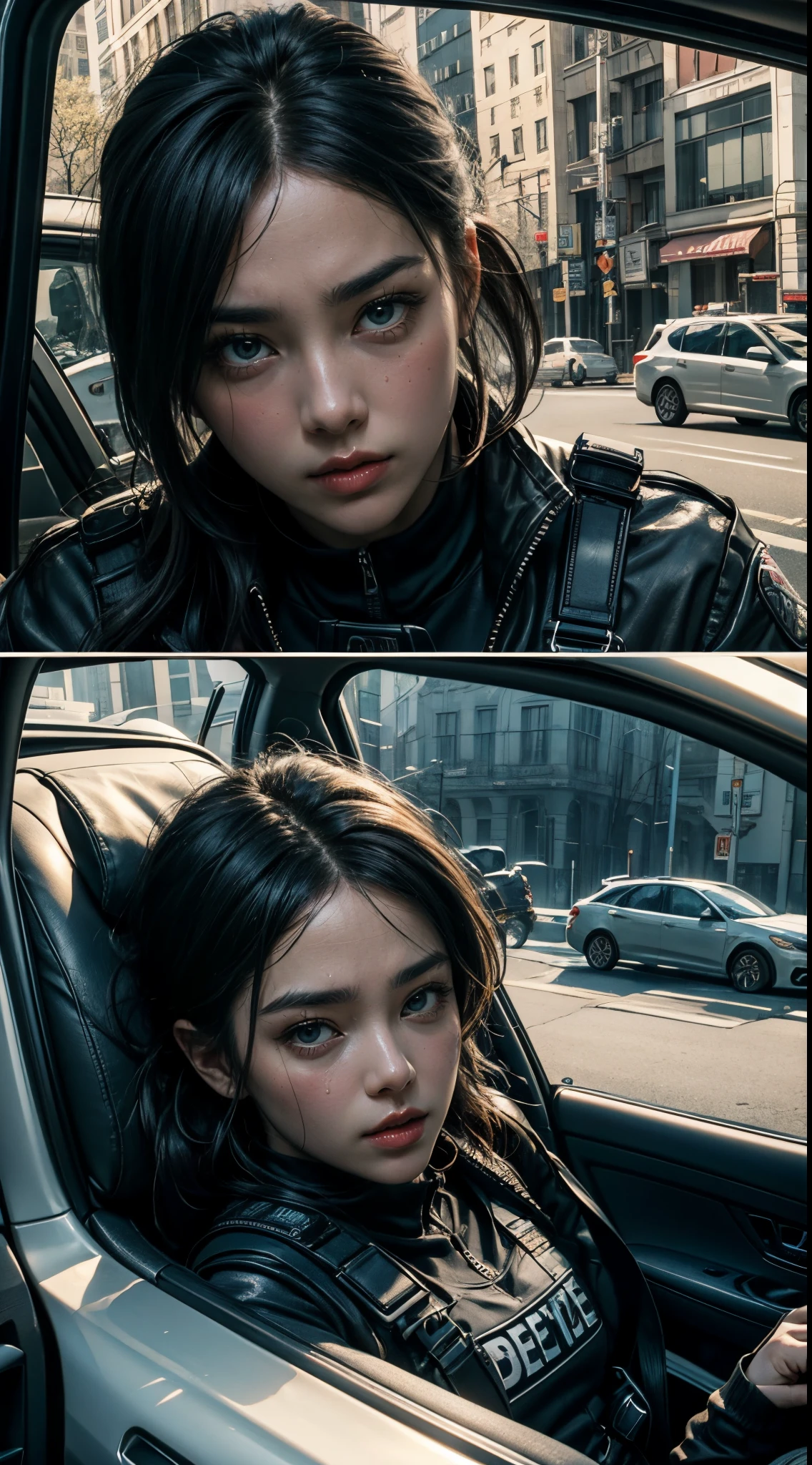 8k, top-quality, （pubic hair beauty）、hight resolution, 逼真, realperson, the met、(((Female Detective)))、chasing the criminal、((Desperate face))、Running and sweating、desperate、SWAT Vest, gun、Riding a car