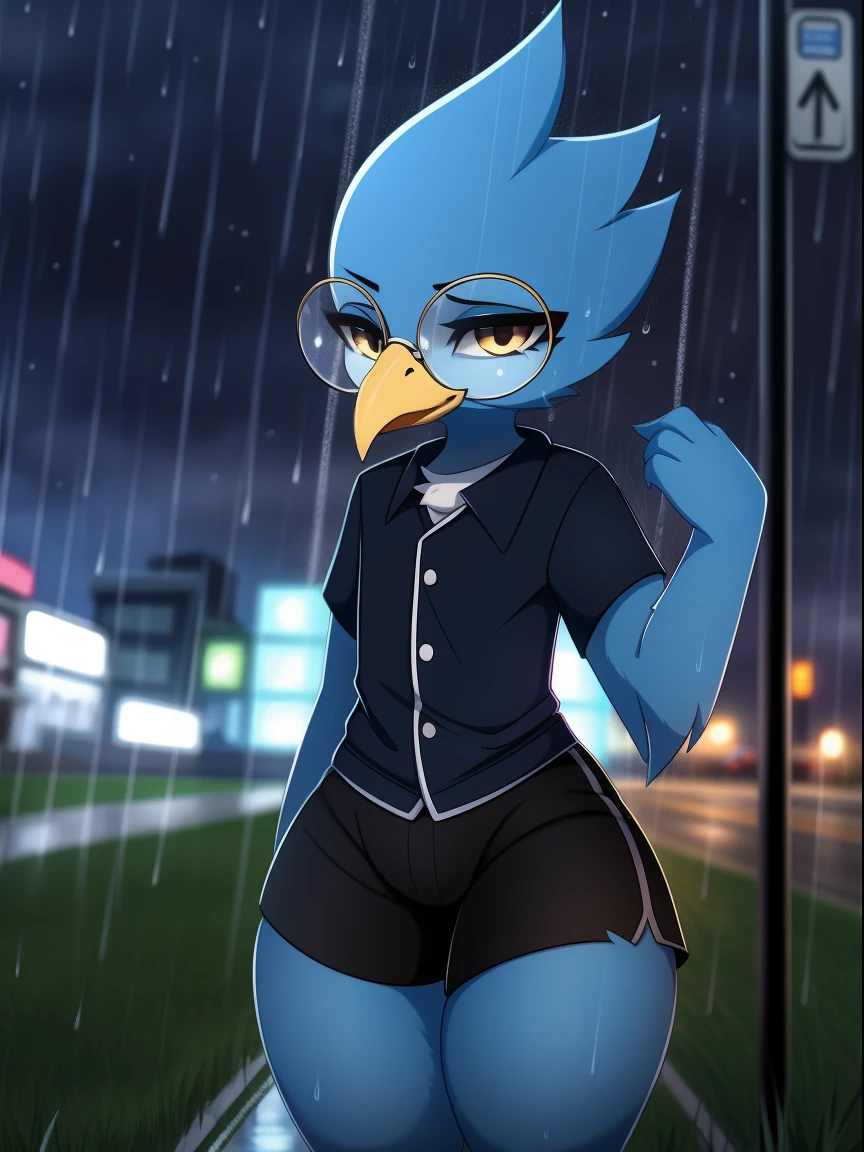 Berdly from Deltarune, (Berdly:0.7), (blue body), (standing),male, (solo), 1boy, (circle-glasses), (half-closed eyes), (avian), (masterpiece, best quality:1.0), 4k fur, 4k, (yellow talons), (depth of field), outdoors, (raining), grass, street, highway, (rain), storm, cloudy, (rain droplets), wet, (white buttoned up shirt), (black shorts), (short sleeves), pout, looking at you,, (thick thighs:1.2), (wide hips:1.0), (plump), (semi-chibi:0.4), (center of focus), soft light, top quality, highres, ambient atmosphere, (artist:magnaluna:0.4)