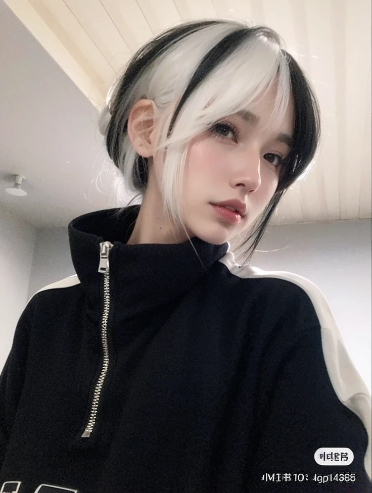 a close up of a person with a black jacket and white hair, white hime cut hairstyle, whitebangsblackhair, black hair and white bangs, hair whitebangs hair, tifa lockhart with white hair, with white long hair, black and white hair, anime girl in real life, girl with short white hair, white bangs, white ponytail hair, ulzzang