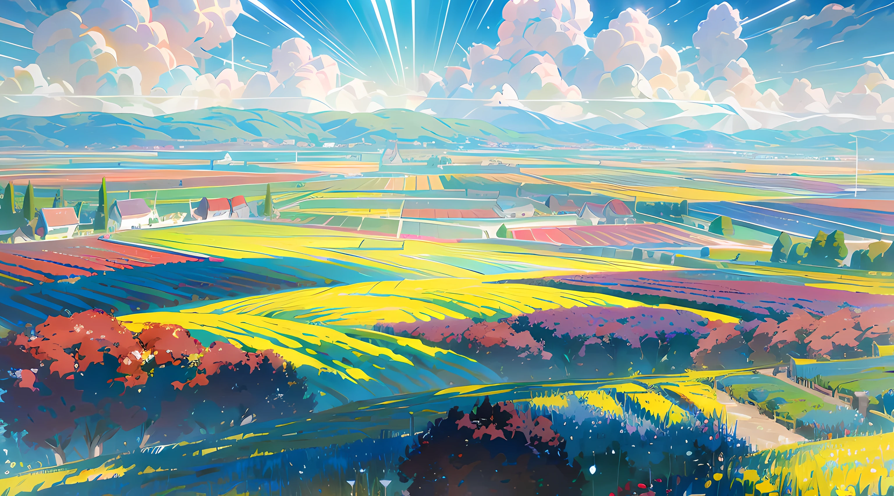 flowers field, colorful flowers, small buildings in the background, beautiful blue sky, beautiful sunlight, colorful anime artwork, distant view, amazing scenery, amazing visuals, beautiful anime artwork, ultrasharp, masterpiece, high res, 8k