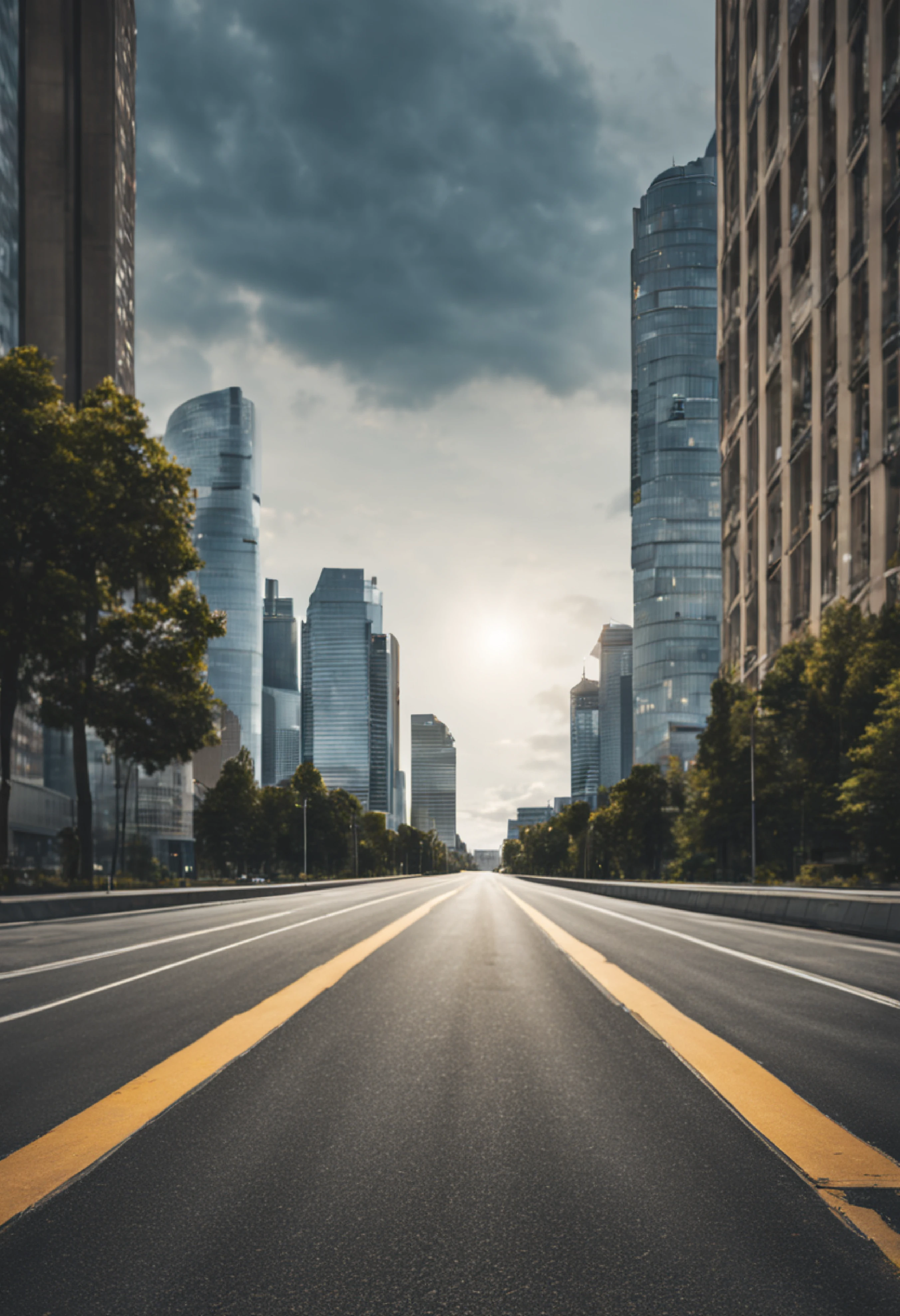 high resolution photo taken from 1 tripod on an empty asphalt road and on the horizon a beautiful modern city