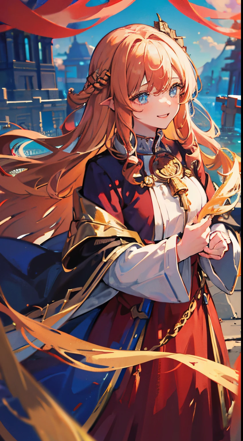 1girl, official art ,unity 8k wallpaper, ultra detailed, beautiful and aesthetic, (masterpiece, best quality), smiling caucasoid woman, 25 years old, blue eyes ,, beautiful, , Red shrine maiden clothes, blonde Long curl hair, temple of the gods, (shoot magic), , upper body, divine light