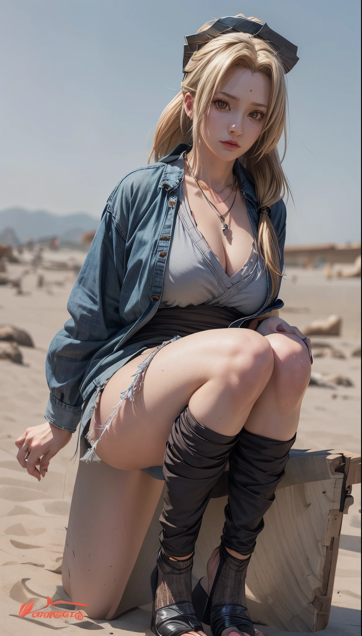 realistic, 1girls, Tsunade, best quality, 12k, HD, long hair, big round breasts, cleavage, ponytail, necklace, jewelry, shorts, slim hips, hair band, yellow eyes, yellow hair, super detailed, Eye details , hair details, person details, mouth details, face details, breast details, clothes details, hair details, pants details, hand details, whole body