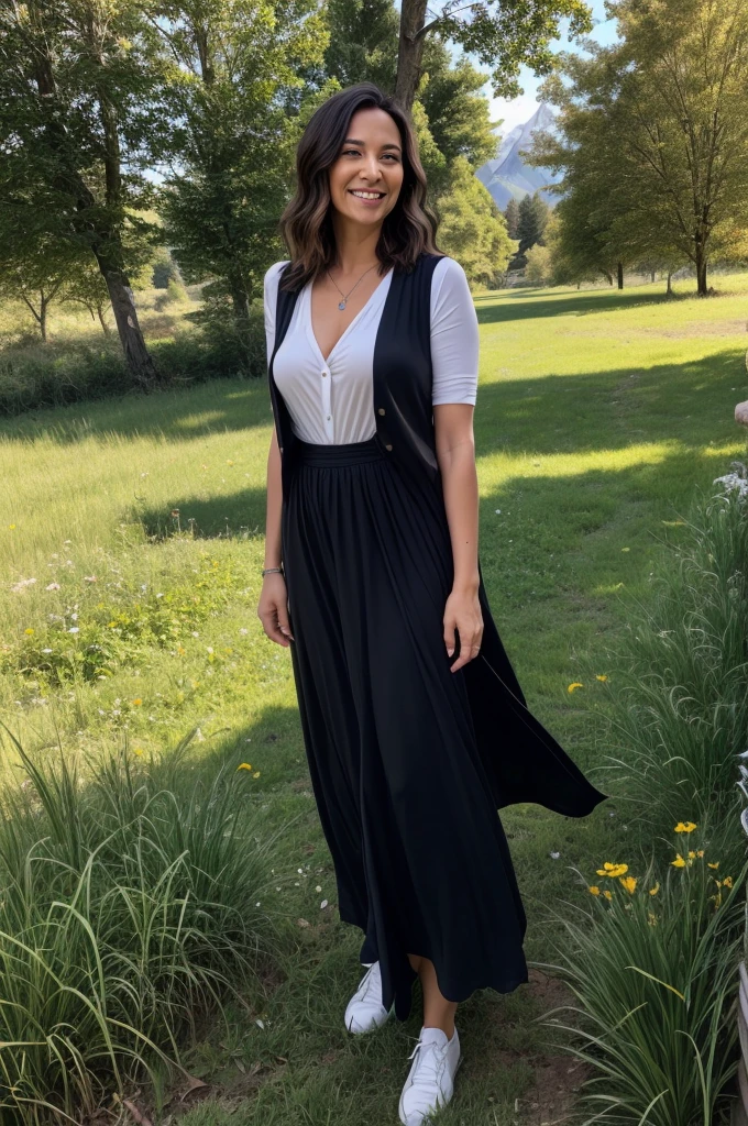 In the image, the foreground shows the face and upper body of a beautiful 40-year-old brunette American Indian woman with medium-length hair, very big breasts, smiling, dressed in a very large open black waistcoat and white long skirt. The scene takes place in a lush meadow in the early afternoon of a beautiful autumn day, with snow-capped peaks in the background. Hyper-realistic rendering, using a Canon EOS 5D Mark IV camera with a Canon EF 24-70mm f/2.8L II USM lens.