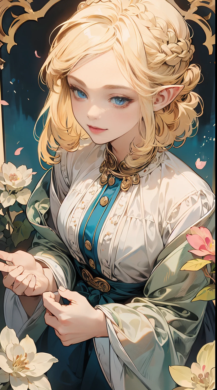 (masterpiece), best quality, ultra-detailed, illustration, detailed light, an extremely delicate and beautiful elf girl, deep blue eyes, light smile, (from front), (face focus), hands together, an aerial garden where flowers are in full bloom, petals dance, (nice hands), (perfect hands), (from above:1.2), (asymmetrical bangs:1.2), (artoria style Braid Bun), short hair, white blonde hair, (Bereast E-Cup:1.2), highly detailed face and eyes. By Alphonse mucha.