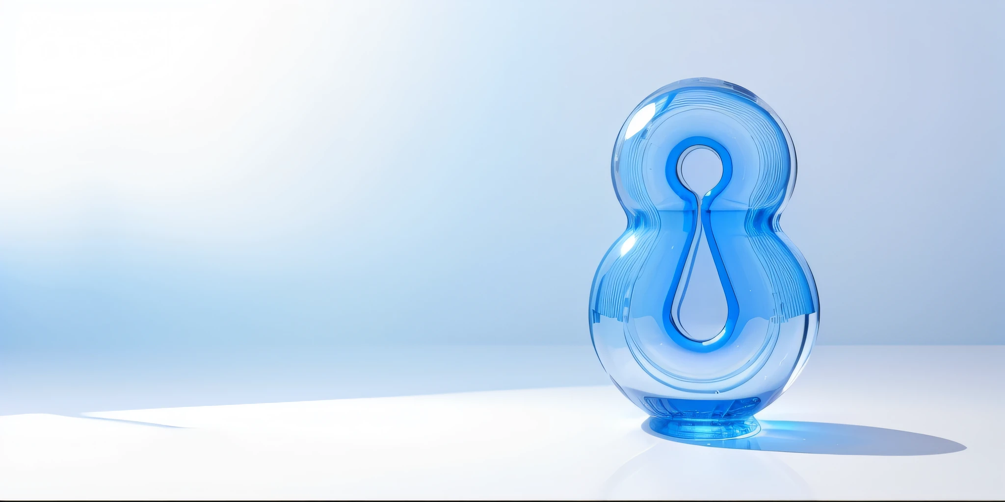 Transparent blue transparent glass surface，cleanness, blue, light gray clean background, Vray tracking, organic form, symetrical composition, Industrial and product design