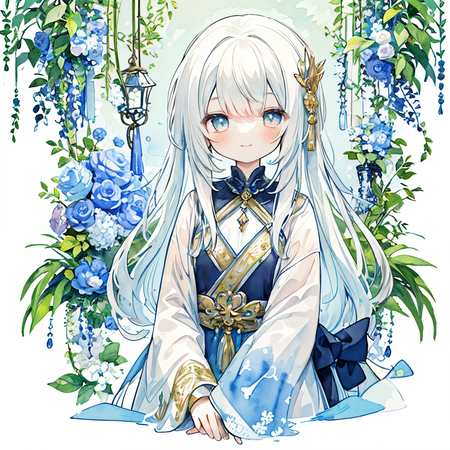 Transparent watercolor,girl with,Jewel Eyes,Beautiful arrangements and motifs、A slight smil、Originality、game character design、kirakira、ornamented、ren