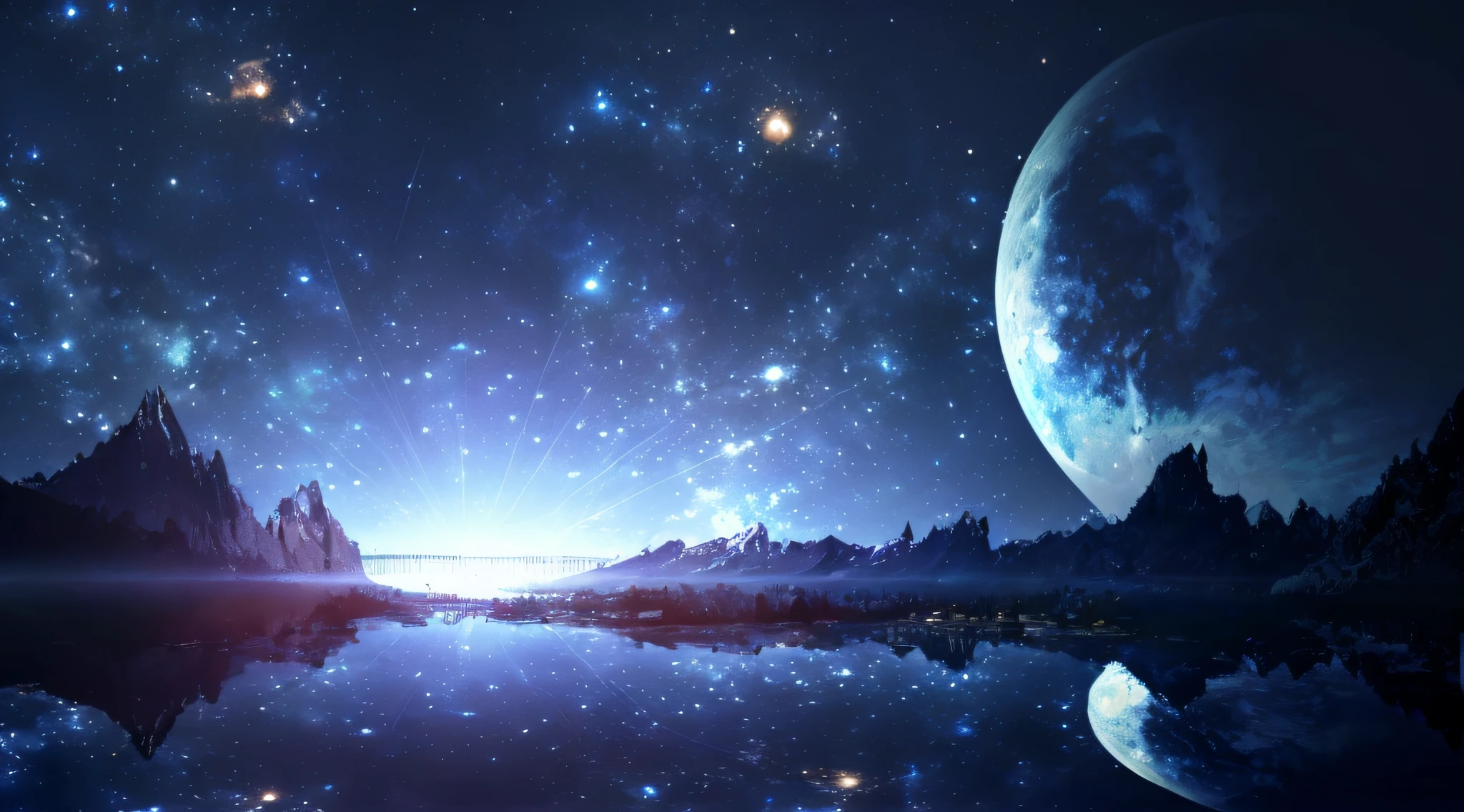 Lake view with mountains and moon as background, amazing wallpapers, Sci-fi fantasy wallpaper, beautiful wallpaper, Magnificent background, Starry Sky 8K, planets and stars, beautiful space planet, Starry sky environment in moonlight, tranquility of the endless stars, sci-fi fantasy desktop wallpaper, space sky, high quality desktop wallpaper, the space background