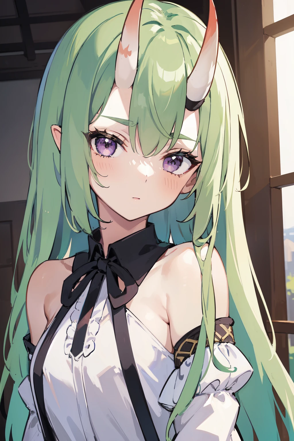 masterpiece, best quality, 4k, face close-up, portrait, 1girl, solo, beige hair, light green hair, pale green hair long hair, open forehead, purple eyes, small breasts, oni girl, oni horns, serious, neutral, white blouse, one piece blouse, medieval fashion, standing, arms behind back, looking at viewer, white background, simple background, transparent background