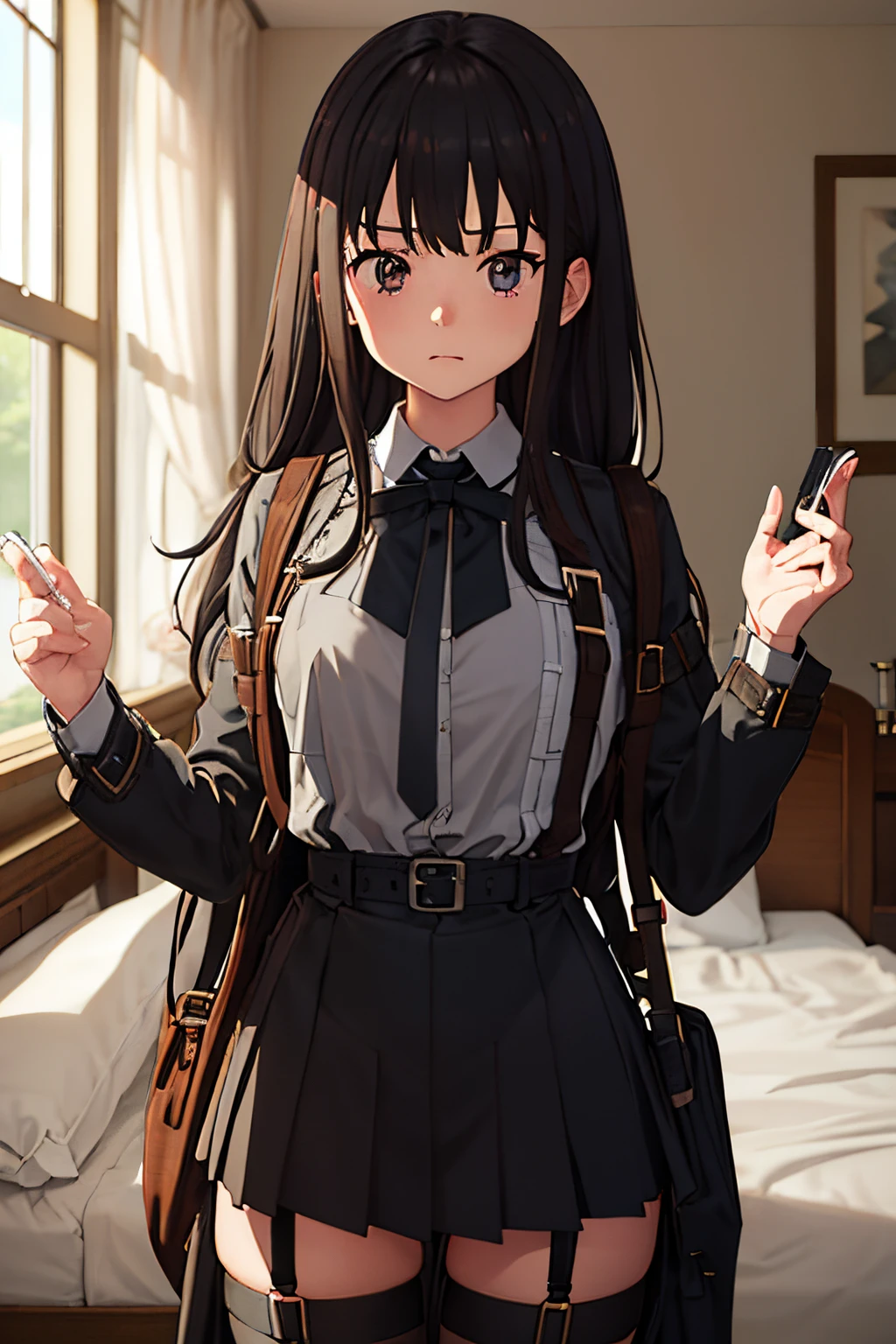 ​masterpiece、flat-colors、depth of fields、lens flare 1 girl、、Brown hair、watching at viewers　　　black suspenders　　　big breasts　　　 　 　　　walls: 　Black miniskirt　garters　　　　　　Gaze　　　Small face　bangss 　　　holster　　Belt Armament　Beautuful Women　srestrained　hands up　Lying in bed　Leg holster lying on the bed