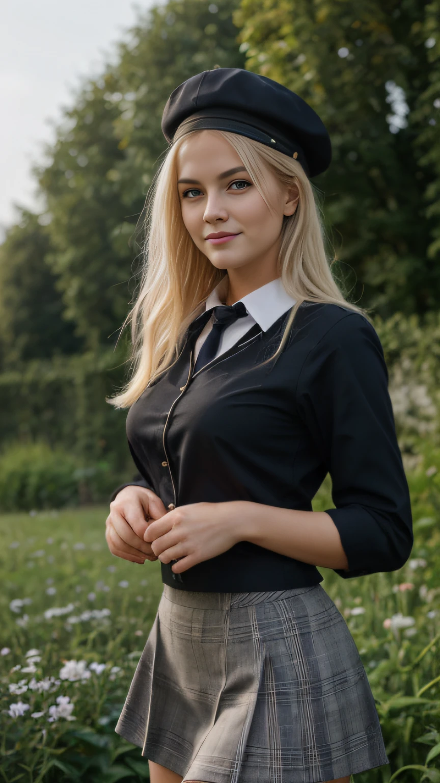 realistisch, blondes Haar, Pferdeschwanz, Schminke, evil smile, shy, Surrealismus, Hohe Detailgenauigkeit, Depth of field, Filmische Beleuchtung, Reflexionslicht, Leuchtendes Licht, UHD, Netzhaut, Meisterwerk, ccurate, Strukturierte Haut, Super detailliert, High quality, Hohe Detailgenauigkeit, best quality, awards winning, hight resolution. A photo of a sexy Ukrainian girl, das im Garten sitzt, eine sexy Klassenuniform tragen. Blick auf den Betrachter. freiliegendes Dekolleté.