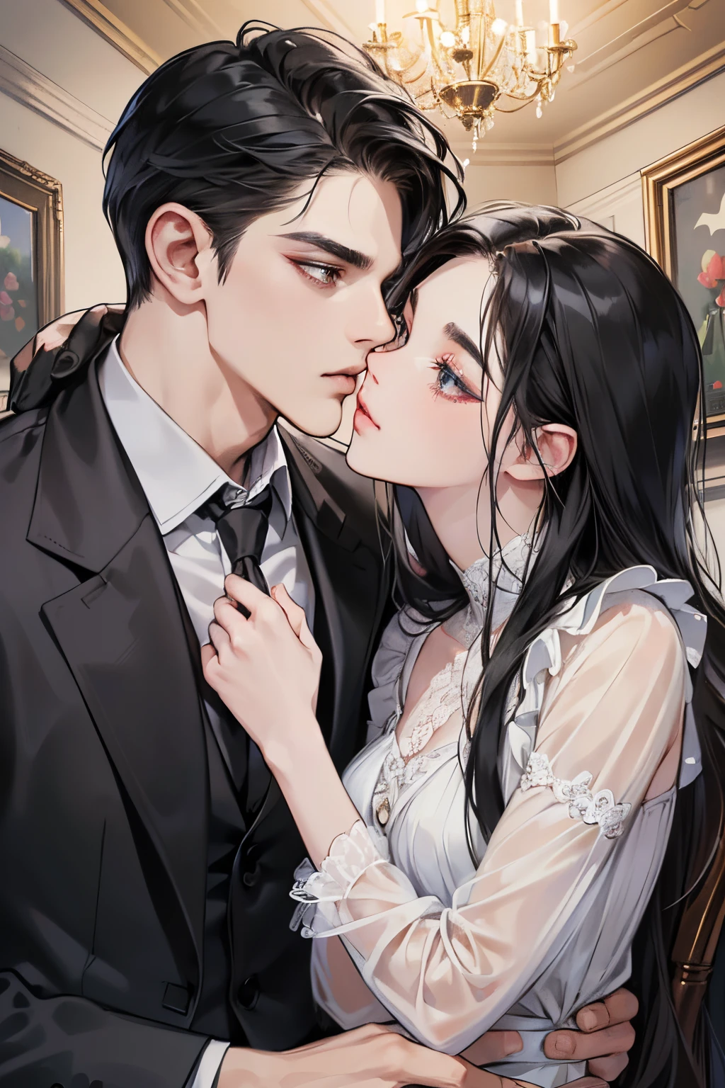 (table top, digital art, digital illustration, 4K, 8K, super detailed, beautiful images, clear image, realistic, RAW photo, perfect face, perfect lines, perfect eyes, soft lighting) 1 female, (long black hair,straight hair,Bullish gaze,beautiful woman,woman wearing a suit,solid makeup,23 year old female,small breasts:1.3),secretary, Two handsome men in suits, (human,Men in suits,muscular,Firm shoulder width,adult male,boyish hairstyle,british gentleman's style,A man in his 30s with a cool expression,28-year-old man with bright smile:1.2),Office scene at night,Antique furnishings,Antique Clamps,Antique chair,chandelier,party、couple、couplekiss、kiss、kissをしている、romance、