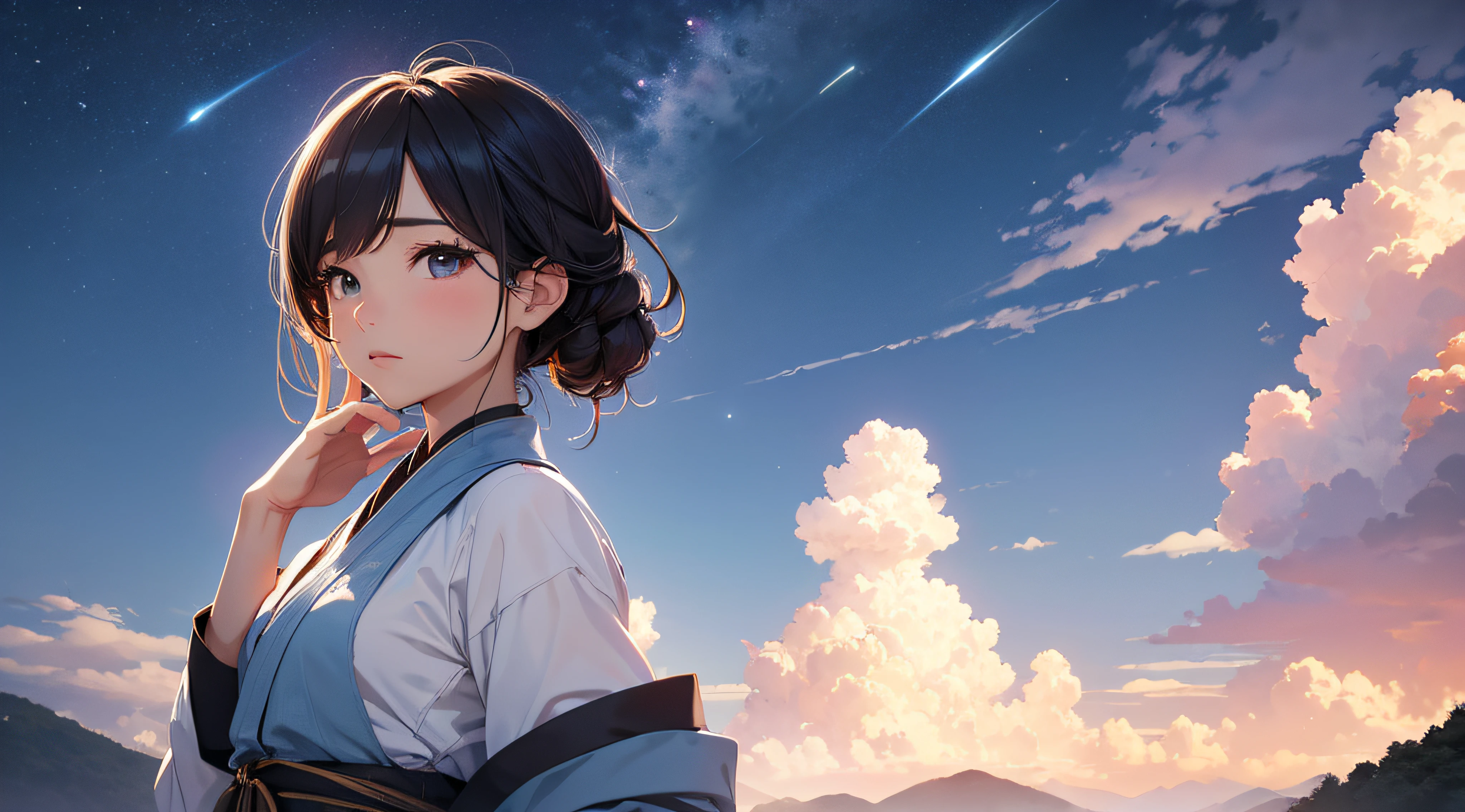 ((Top Quality)), ((masterpiece)), (Detailing), center of person, Lots of backgrounds visible, upper half body, One person, Korean female idol appearance , Very beautiful, Seoul, modern, daoshi, enchanting gaze, Natural Pose, cute charm, dark sky, Natural hand shape, realistic hand shape, (mitsurou kubo:1.1), Moonlit night, soft colors, (Detailed Cloudscape:1.3), (high resolucion:1.2)
