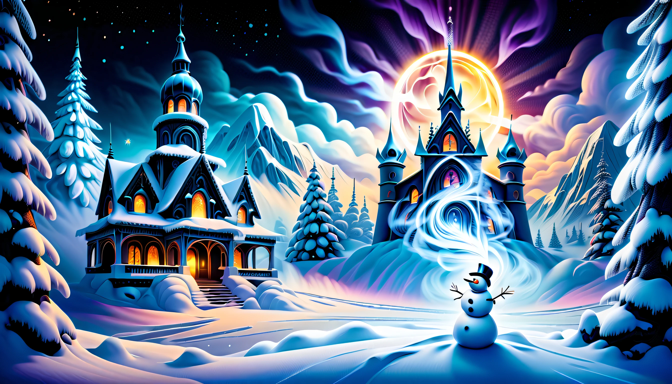 (((mythical fantasies with inside intricate detail justice:1.3))), (((snowman illustration:1.5))), ((stunning ice smoke glow:1.1)), snow wish, (((and epic composition architecture background:1.3))), (fairy tale:1.1), (((fiber optic light painting of intricate insane details:1.3))), rich colored, high contrast, hazy glow black sun, power and beauty stroke, just wonderful, which is quite fantastic, very nice, glittering snow dust, field of glowing stars, (((radiosity rendered in stunning 32k resolution:1.4))), (((highest quality:1.4))), highly quality, extremely incredibly detailed, intricate insane details,