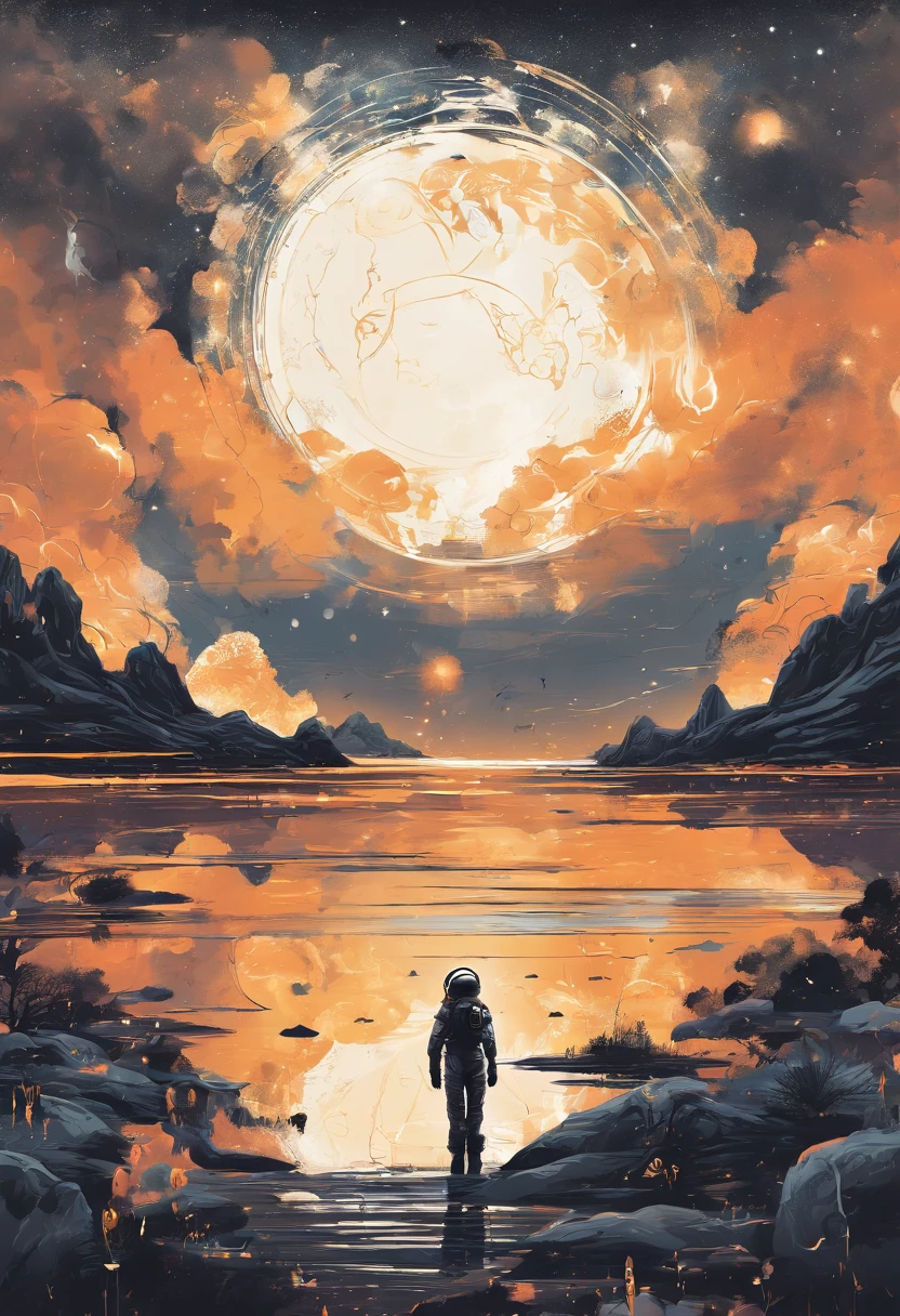 Calm ink painting with detailed and detailed illustrations, magical cosmic color, Rice Paper Texture, Digital Paint, halo astronaut, black and gold future portal floating in the sky. Venus. spaces. Clouds wet and wet technique. vibrant vector professional art. Using Cinema 4D, Mysterious