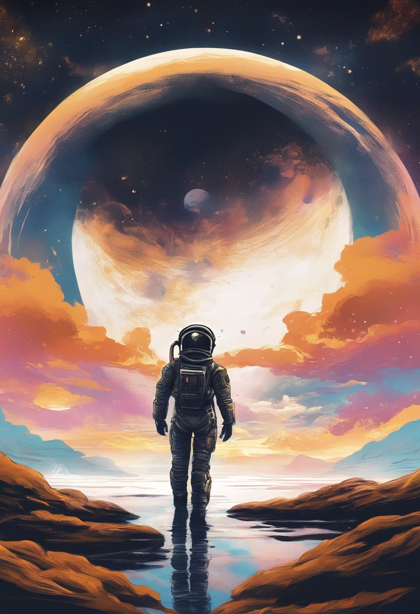 Calm ink painting with detailed and detailed illustrations, magical cosmic color, Rice Paper Texture, Digital Paint, halo astronaut, black and gold future portal floating in the sky. Venus. spaces. Clouds wet and wet technique. vibrant vector professional art. Using Cinema 4D, Mysterious