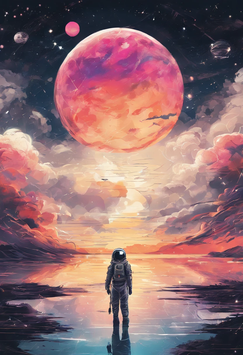 Calm ink painting with detailed and detailed illustrations, magical cosmic color, Rice Paper Texture, Digital Paint, halo astronaut, black and gold future portal floating in the sky. Venus. spaces. Clouds wet and wet technique. vibrant vector professional art. Using Cinema 4D, Mysterious