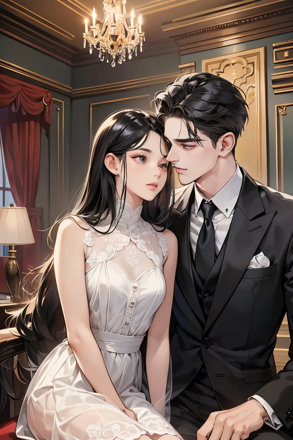 (table top, digital art, digital illustration, 4K, 8K, super detailed, beautiful images, clear image, realistic, RAW photo, perfect face, perfect lines, perfect eyes, soft lighting) 1 female, (long black hair,straight hair,Bullish gaze,beautiful woman,Solid makeup,23 year old female,small breasts:1.3),secretary, Two handsome men in suits, (human,Men in suits,muscular,Firm shoulder width,adult male,boyish hairstyle,british gentleman's style,A man in his 30s with a cool expression,28-year-old man with bright smile:1.2),Bright Western-style room、couple dancing、light、country style、k pop dance、sense of rhythm