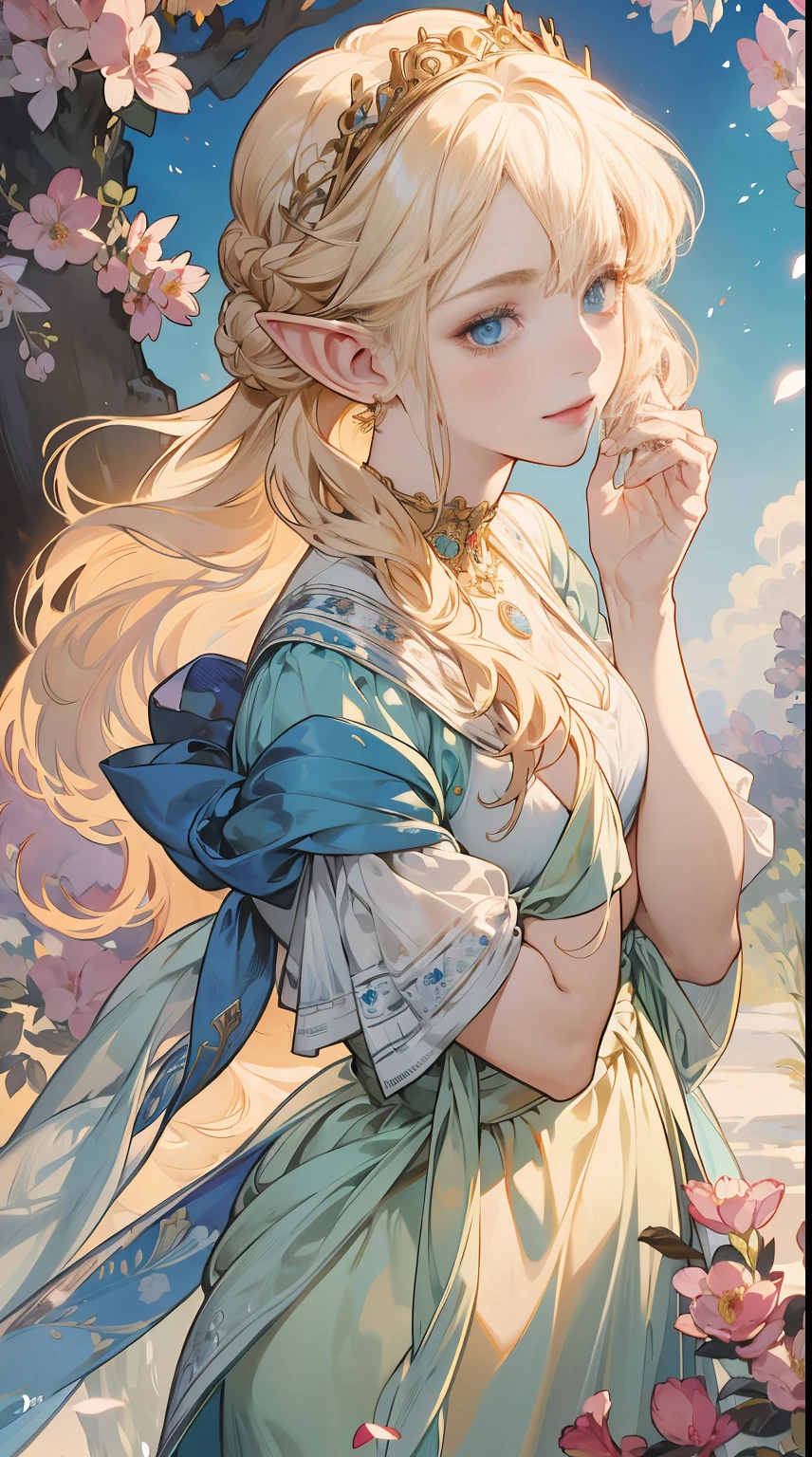 (masterpiece), best quality, ultra-detailed, illustration, detailed light, an extremely delicate and beautiful elf girl, deep blue eyes, light smile, (from front), (face focus), hands together, an aerial garden where flowers are in full bloom, petals dance, nice hands, perfect hands, (from above), asymmetrical bangs:1.3, artoria style Braid Bun, short hair, white blonde hair, E-Cup:1.2, highly detailed face and eyes. By Alphonse mucha.