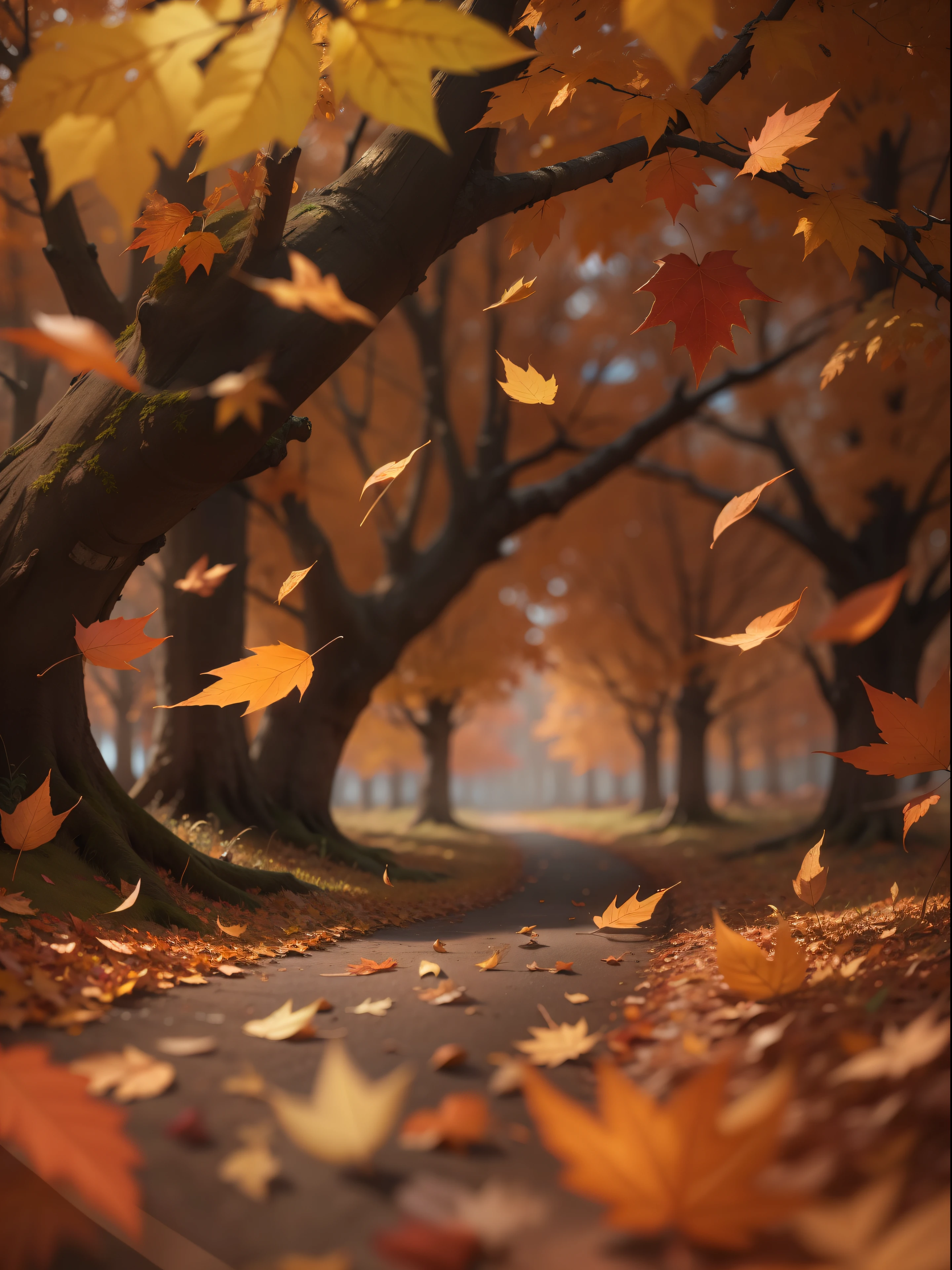 Fantasy autumn with brown fallen leaves, Cinematic, Highly detailed, HD