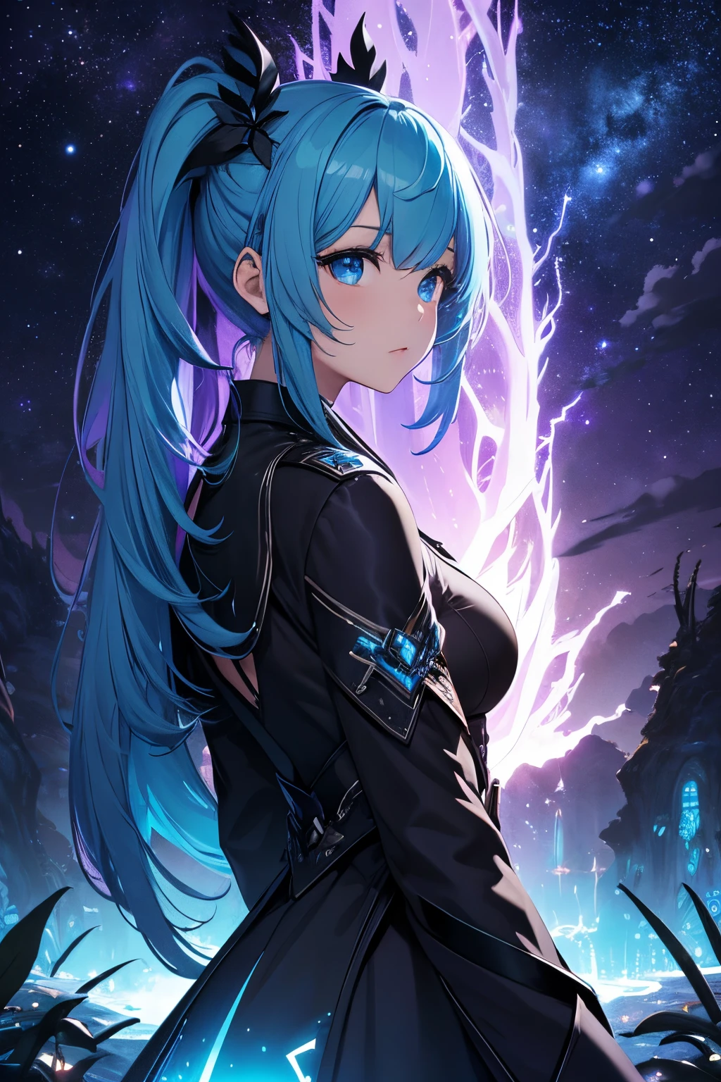 masterpiece、Background with((starrysky、Meteor swarm、black hole))、Depth((Huge fantastic tree、It's glowing.、plants、城市))、a beauty girl、poneyTail、lightblue hair