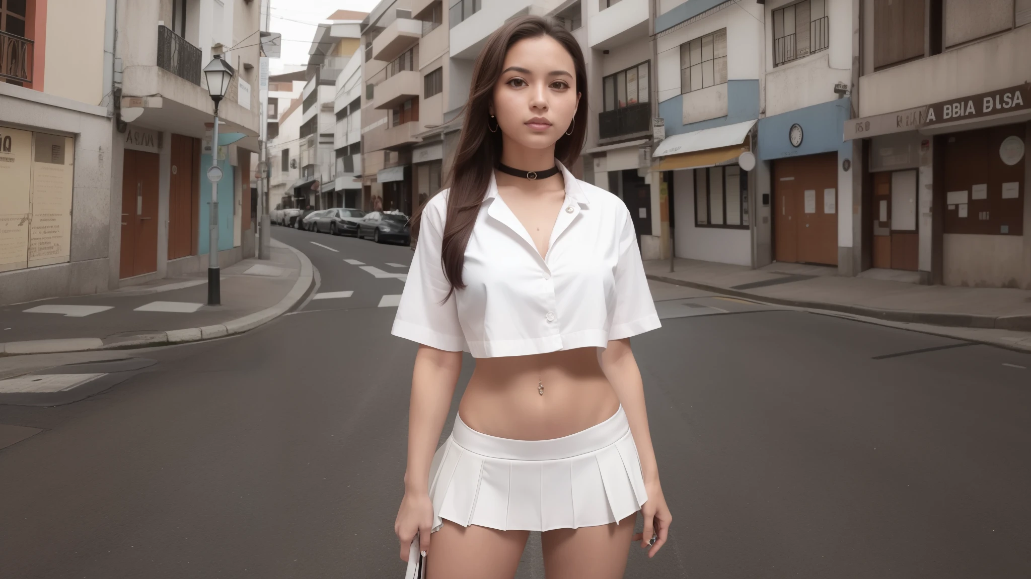 There is a woman in a short white skirt and white shirt, posando em uma rua urbana, usando um top cropped sexy, menina jovem e bonito, olhar sexy, uma aluna hiperrealista, em uma rua, aluna hiperrealista, roupa muito sexy, vestida como aluna, de uma aluna posando, na rua, Menina sexy usando saia muito curta, roupa indecente